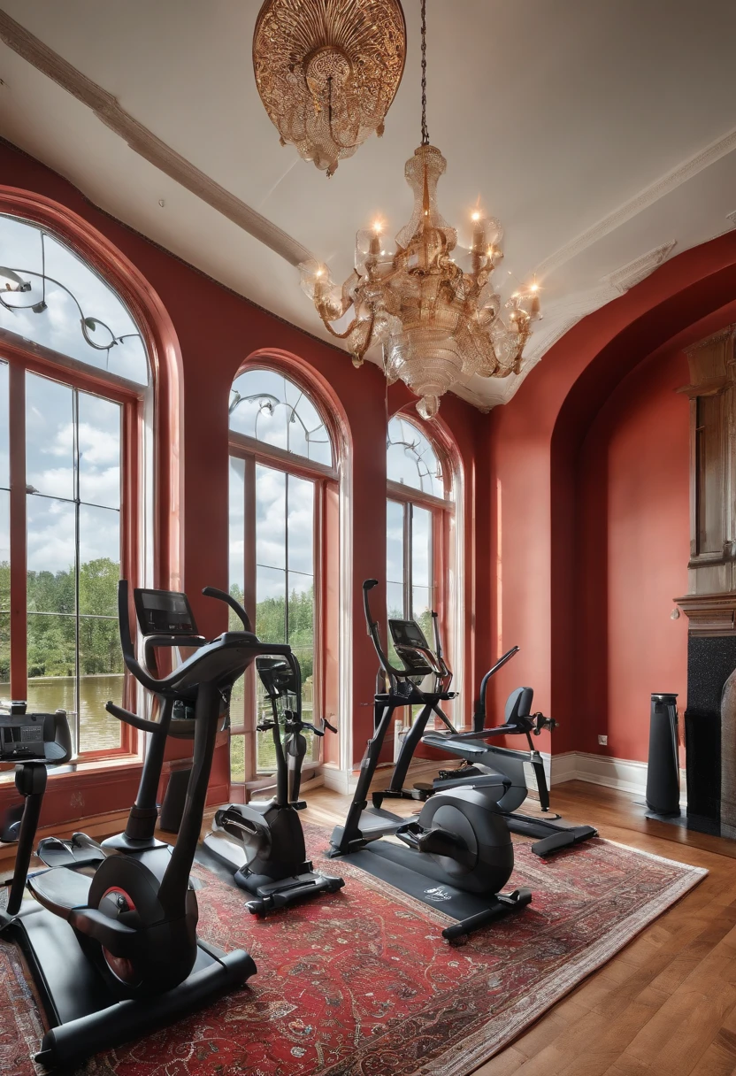 Elegant space，Bright，European style wainscoting，There is a variety of fitness equipment，River view from the window