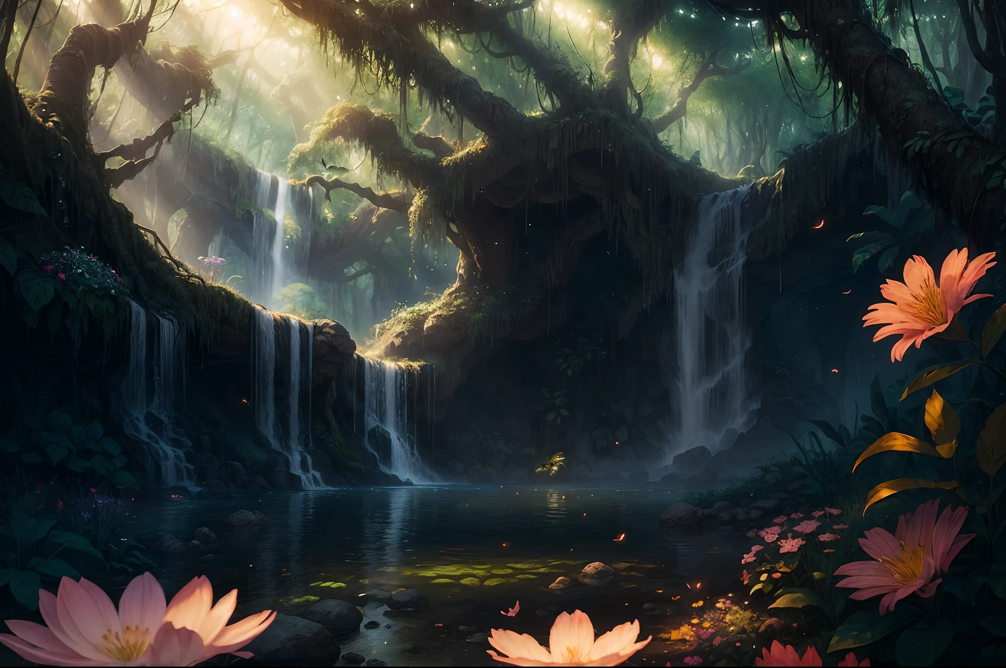 (a fantasy jungle: 1.45), illustration, lush green foliage, (very large and colorful flowers: 1.32), (fireflies: 1.24), a waterfall, mysterious animals, majestic trees, magical atmosphere, best quality, high resolution, ultra-detailed, realistic: 1.37, vivid colors, artistic concept Warm and vibrant color palette, soft sunlight filtering through the trees, a fantasy scene, ultra-detailed, best quality, a work of art
