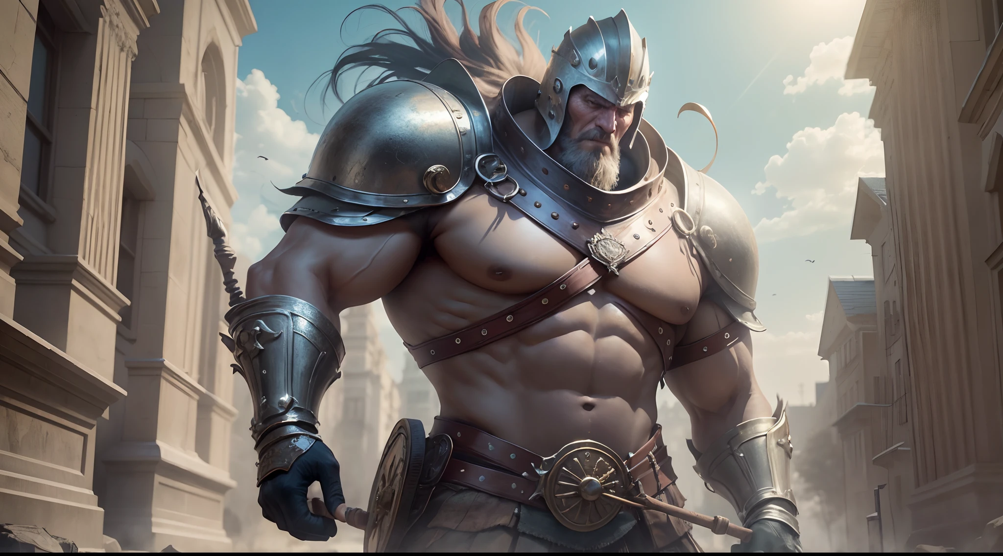 ((Best quality, 8k, Masterpiece:1.3)), a full-length portrait of the giant Goliath in ancient battle costumes from the time of the Philistine kings, with a large spear in his left hand and a shield in his right hand, with a helmet on his head illuminated by the sun in front of him and running against the enemy in the background with many details, High definition, 3D, CGI
