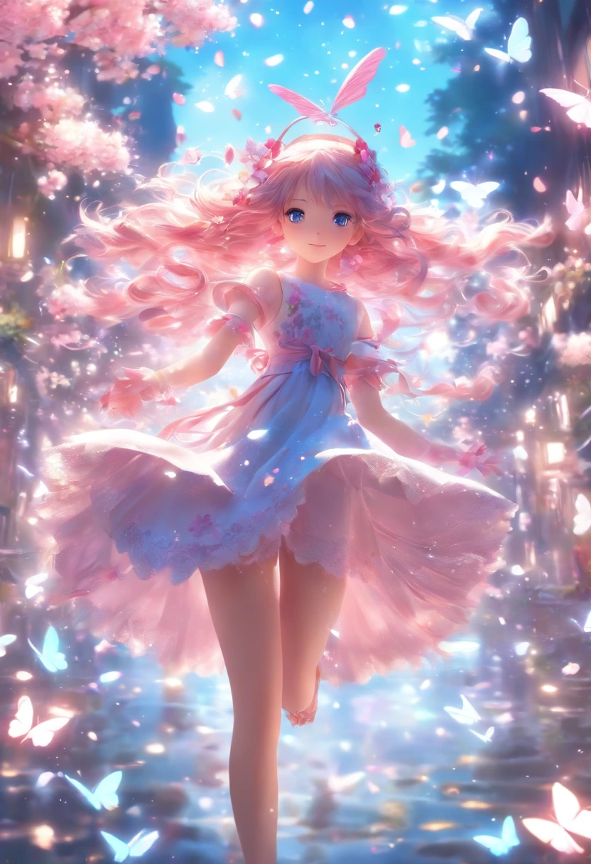(CG Unit 8K Highly Detailed Wallpapers) (top-quality) (better lighting) (extremely delicate and beautiful) (floating) (Beautiful) (spring atmosphere) (1girl in) (long pink hair), (Headband hair), (Dense and beautiful blue eyes), ((Very short white dress, Pink Lace Bottom), (income), ((Light Transparent Silk))), (Cherry blossom petals), (butterflys), (degrees of freedom), (Volumetric Lights) Cinematic lighting, chromatic abberation, Sony FE GM, Textured Leather, high détails, Haute, 8K