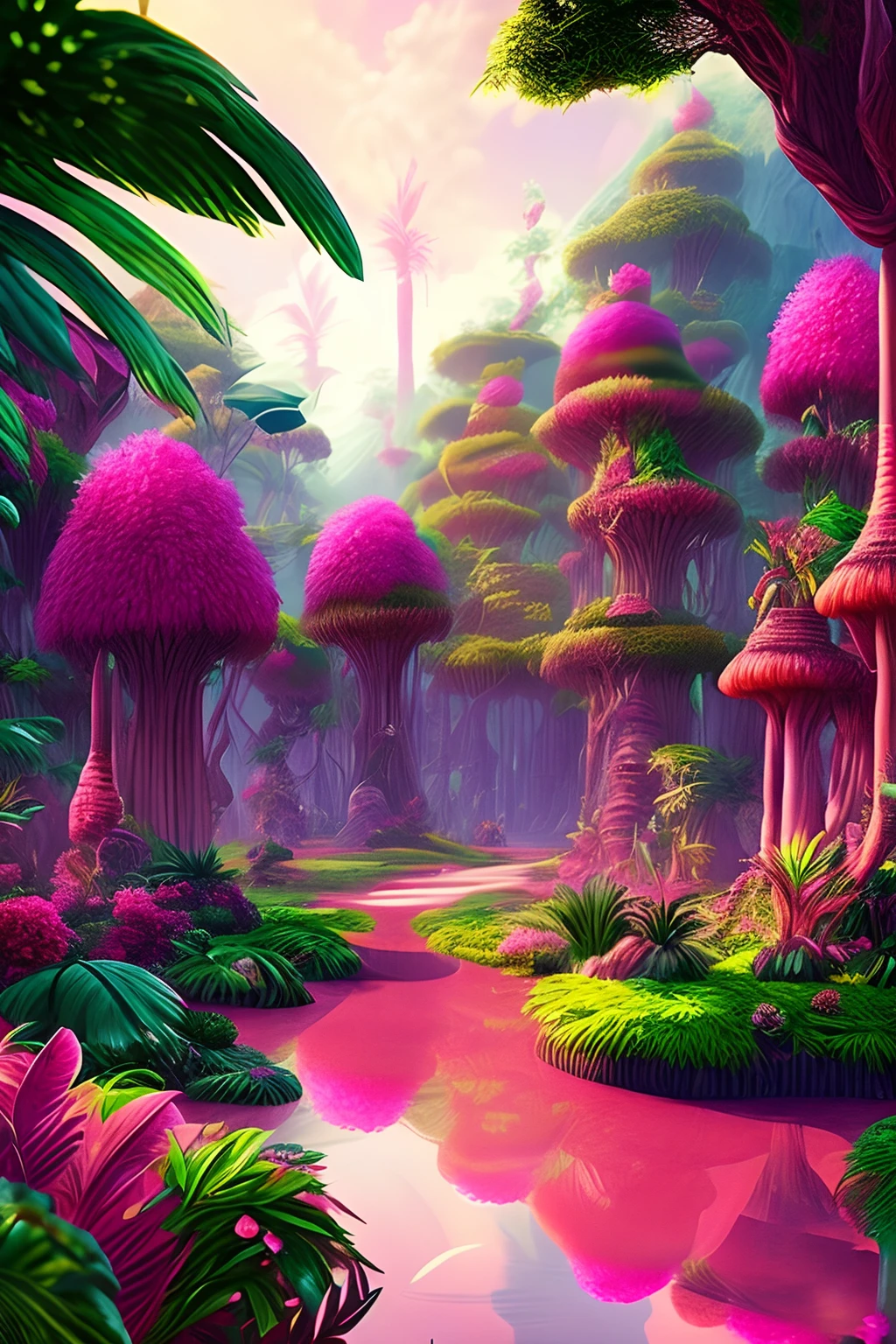 Fantasy Jungle, Wide Shot, Many elves, All pink plants