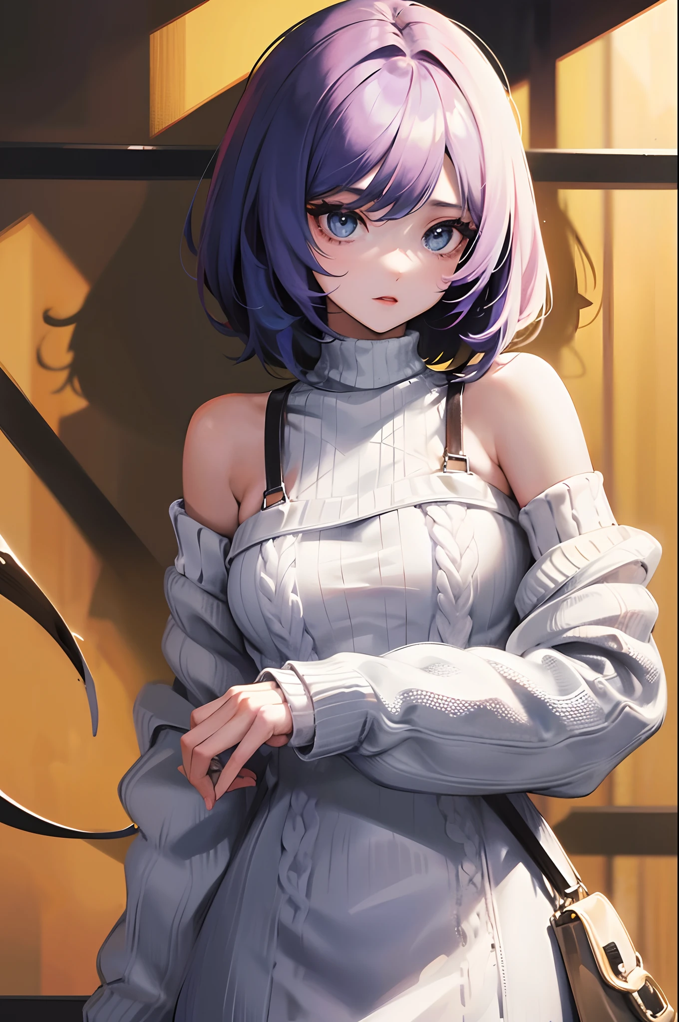 girl with、frontage、bobhair、knitted sweater、top-quality、Contrasty、Shoulders are protruding