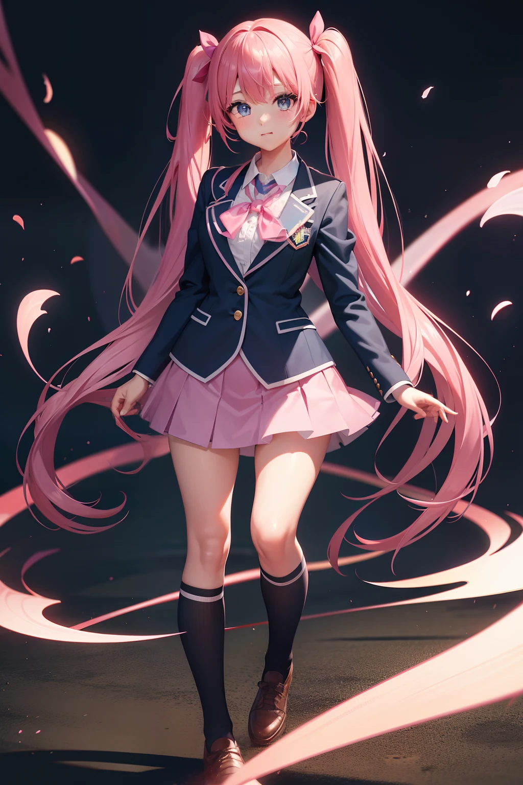 High school girl with beautiful eyes、High School Uniform、Dark blue blazer、Pink skirt、Pink ribbon、Heart-shaped choker、long hair with pink twin tails,,,,、Schools、独奏、gazing at viewer、school ground、lawn、rainbows、optic、。.。.。.。.。.3D、hight resolution、top-quality、full body Esbian、8K Character Concept、32K、pixiv、illustratio、 ultra-detailliert、hyperdetailed face、Megapixel、 Ultra High Definition HDR、Clair、Overdecoration、● S180 - Rainbow 5