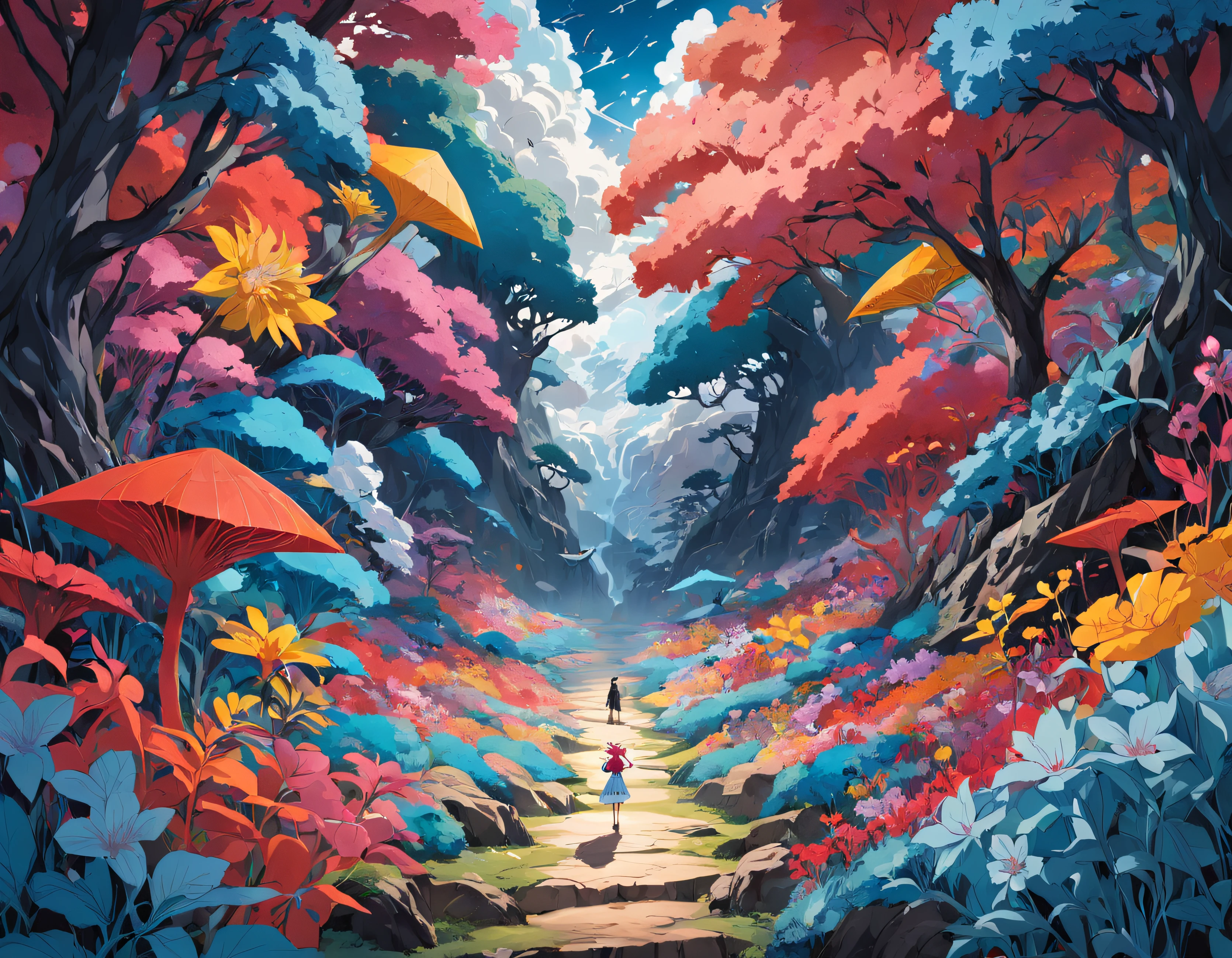 a paper cut up with a design of colorful flowers, in the style of desolate landscapes, packed with hidden details, ????? painting, light red and light blue, colorful storytelling, textured shading, colorful imagery