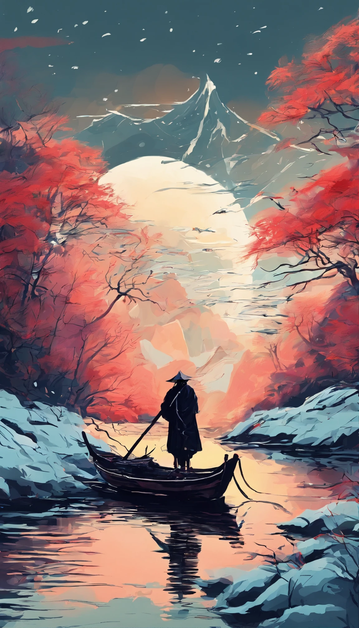 A thousand birds fly,Ten thousand paths disappeared。Lonely boats,Fishing alone in the cold river snow。 (【Translation】 You don't see a single bird in the mountains,The tracks of thousands of people were cut off。On the lonely boat is an old man in a cloak,Fishing alone against the wind and snow),(A small boat on the water),(An old man sits on a small boat fishing),Inspired by the creators:《Jiang Xue》Yanagi Zongyuan,Ray,(light and shadow effect),(vivd colour),(Color splattering),(Obvious layers),(Ink painting style:1.2),(Photography Award),(8k wallpaper),(Masterpiece),(best qualtiy),(Heavy snowfall),(snow landscape),Winter tones,There was a wind blowing,(Side lighting ),(cinema4d),(Movie lighting),(Depth of field effect),(Unreal 5),(tmasterpiece),(8K分辨率),photorealestic,realisticlying