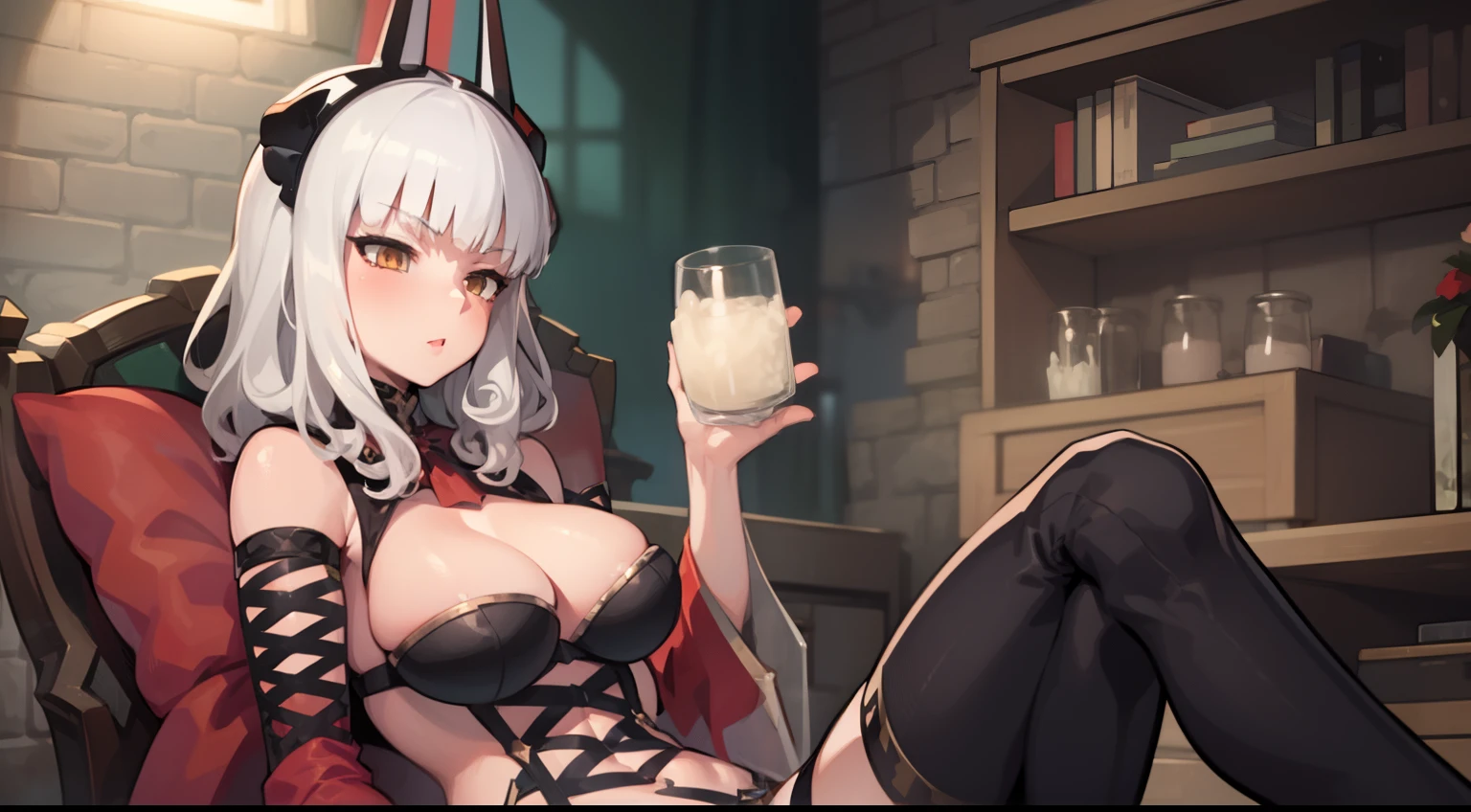 1girl,solo,defcarmilla, cleavage, revealing clothes, horns, detached sleeves, black thighhighs,indoors,castle,sitting, cum mug,cum in glass,holding glass