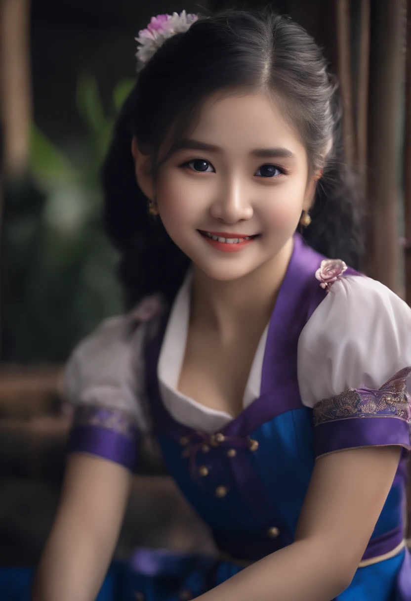 (10), (bestquality: 1.2), (Realistic), (photorealistic portrait: 1.37), ultra-high resolution, 1 girl, kawaii, smile, gag, beautiful details, Beautiful Nose, Full body, Wet hair, Colossal Dalsefo, pork, School uniform, thights ,Thai costume,Thai Lai,purple,fantasy