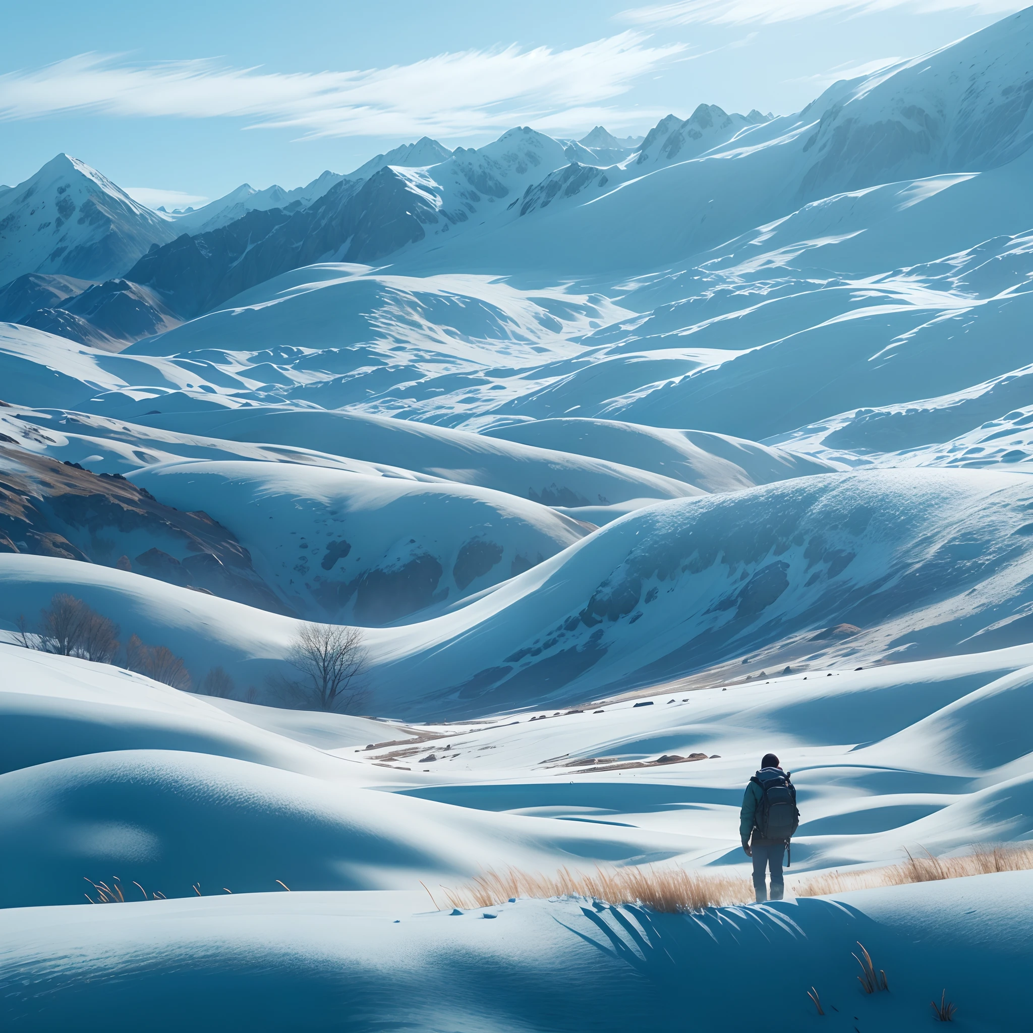 snow mountains,grass field,blue-sky,(Super realistic scene 1.3)(Extreme Light and Shadow 1.3)(Extreme Light Tracing 1.3)Super real,cinematic Film still from