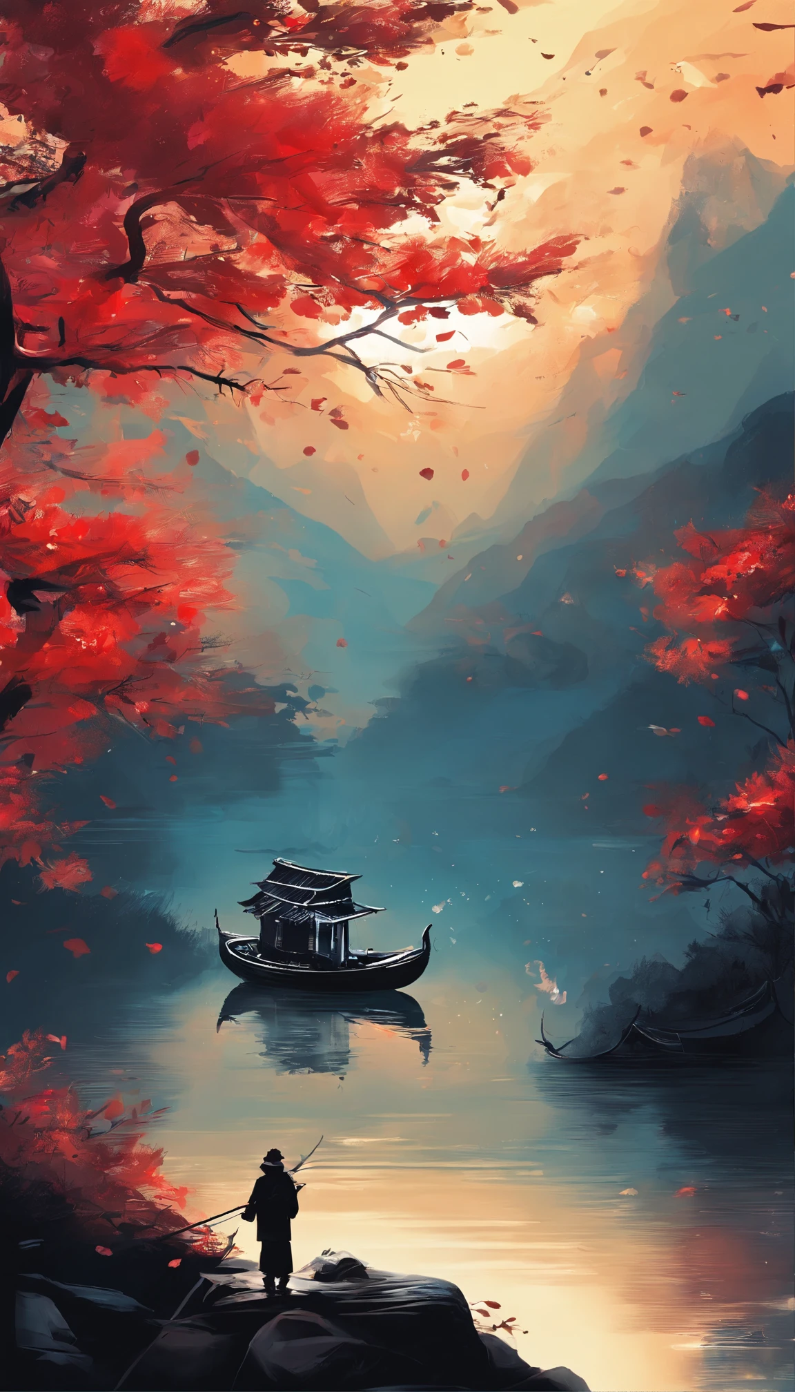A thousand birds fly,Ten thousand paths disappeared。Lonely boats,Fishing alone in the cold river snow。 (【Translation】 You don't see a single bird in the mountains,The tracks of thousands of people were cut off。On the lonely boat is an old man in a cloak,Fishing alone against the wind and snow),(A small boat on the water),(An old man sits in a small boat fishing),Inspired by the creators:《Jiang Xue》Yanagi Zongyuan,Ray,(light and shadow effect),(vivd colour),(Color splattering),(Obvious layers),(Ink painting style:1.2),(Photography Award),(8k wallpaper),(Masterpiece),(best qualtiy),(Heavy snowfall),(snow landscape),Winter tones,There was a wind blowing,(Side lighting ),(cinema4d),(Movie lighting),(Depth of field effect),(Unreal 5),(tmasterpiece),(8K分辨率),photorealestic,realisticlying