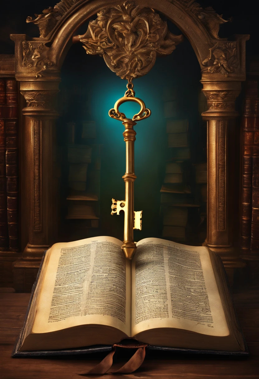 A mysterious key opening a bible and several mouths coming out of the book