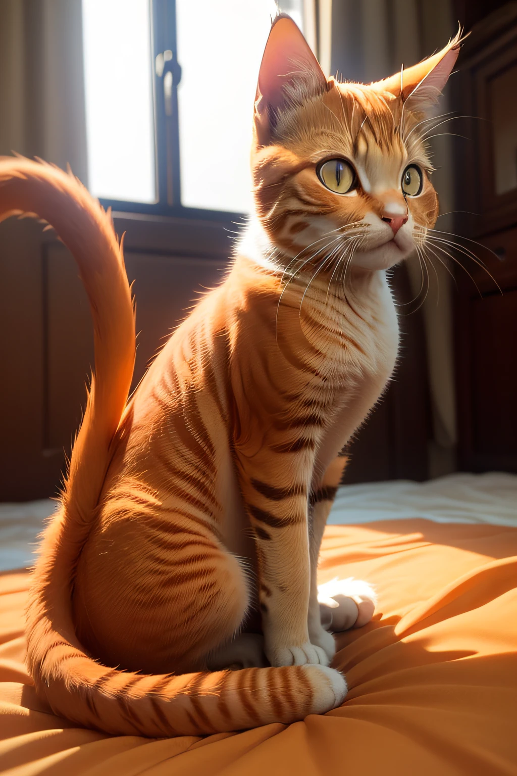 A kitten、([tail | Detailed wire]:1.3)、(intricate-detail)、hdr、(intricate-detail、ultra-detailliert:1.2)、Cinematic Shots、orange cat, ginger cat, facing at camera, taken with sony alpha 9, glaring at the camera, looking defiantly at the camera, Sitting on the bed, looking straight at camera,realisitic、Tokyo Tower