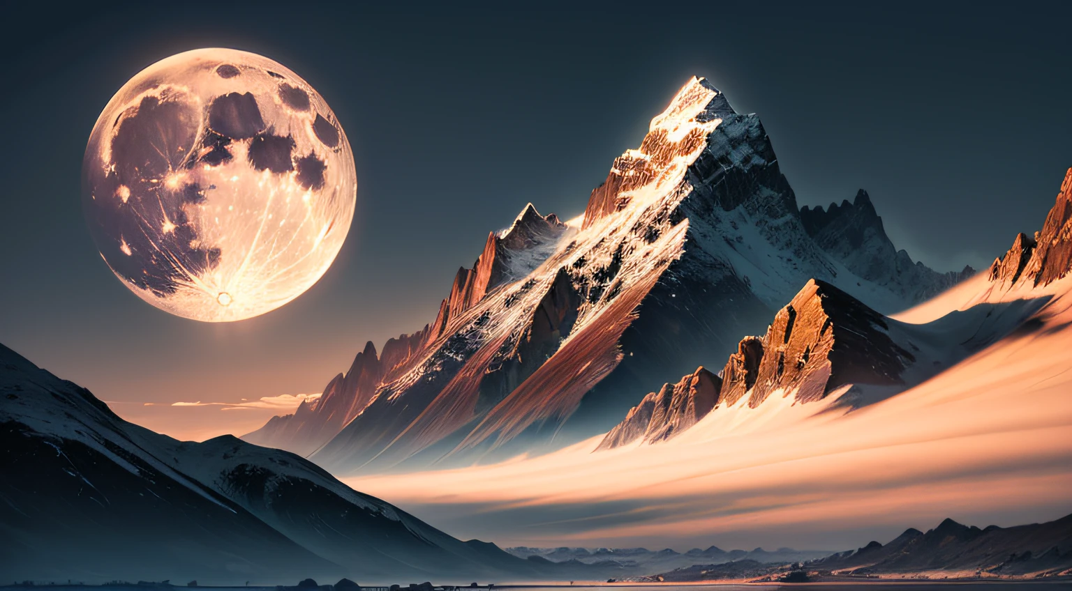 Full moon and mountains with a few clouds in the sky, Barren moon landscape, big moon in background, Black mountains,overcast sky, Highly detailed photos 4K
