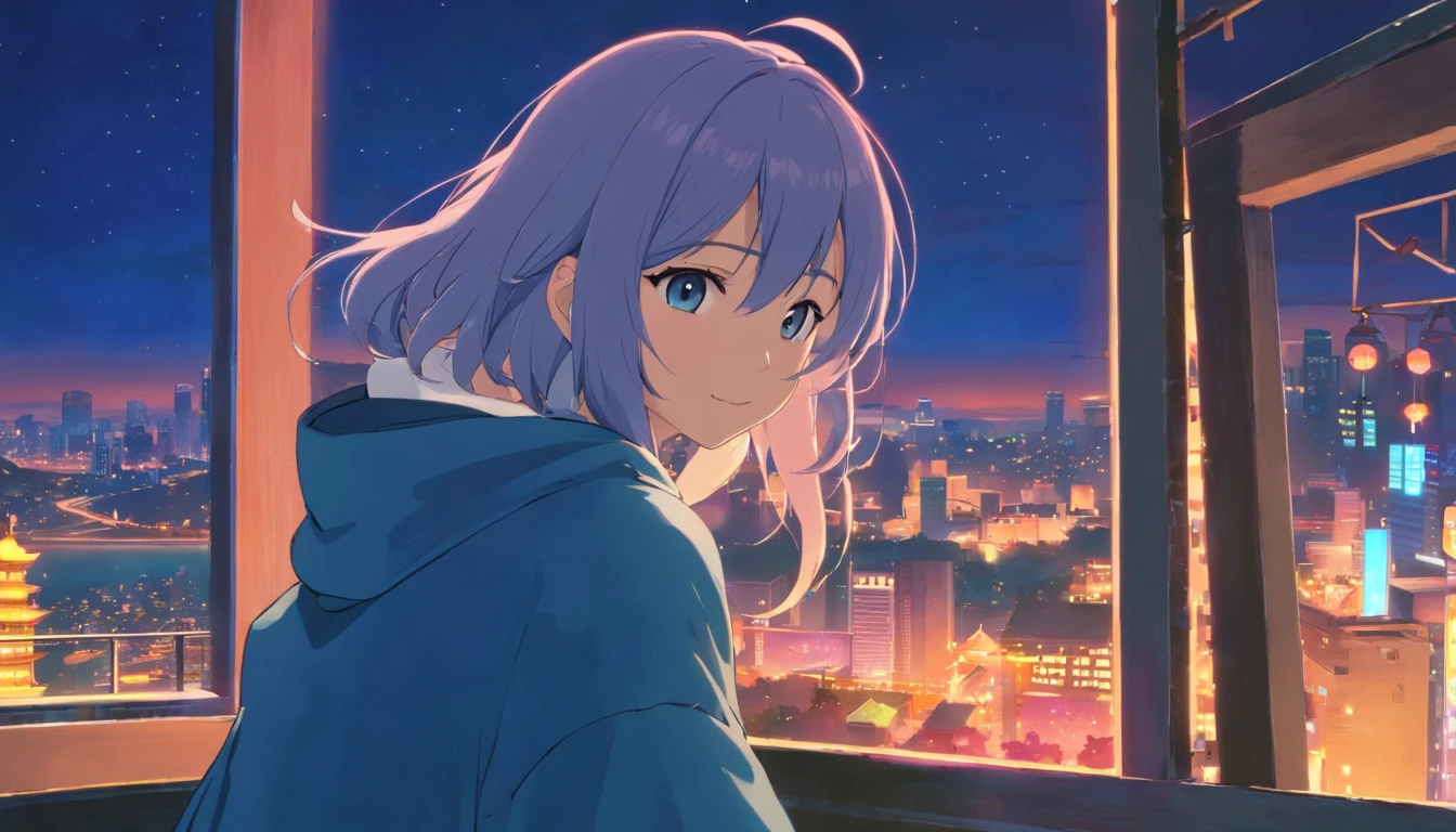 Best quality at best,tmasterpiece,The is very detailed,Face details,8K, detailed back ground,1girll,独奏,Silver hair,eBlue eyes,,long whitr hair,wavey hair,voluminous hair,,,Blushlush,ssmile,Shawl,Chinese city,Chinese service,the night,themoon,scenecy,high place,horizon,ventania,wind blown,flowerbed,looking at viewert