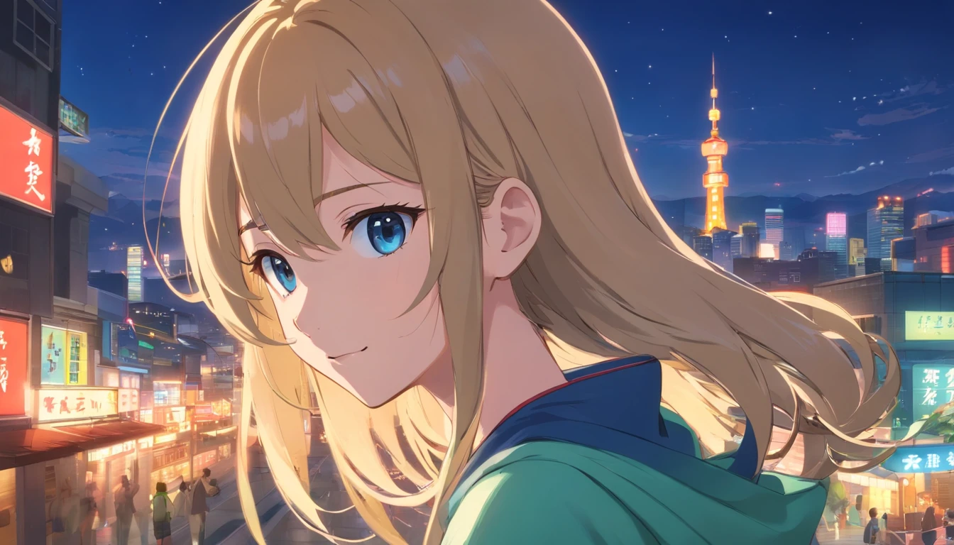 Best quality at best,tmasterpiece,The is very detailed,Face details,8K, detailed back ground,1girll,独奏,Blonde hair,eBlue eyes,,long whitr hair,wavey hair,voluminous hair,,,Blushlush,ssmile,Shawl,Chinese city,Chinese service,the night,themoon,scenecy,high place,horizon,ventania,wind blown,flowerbed,looking at viewert