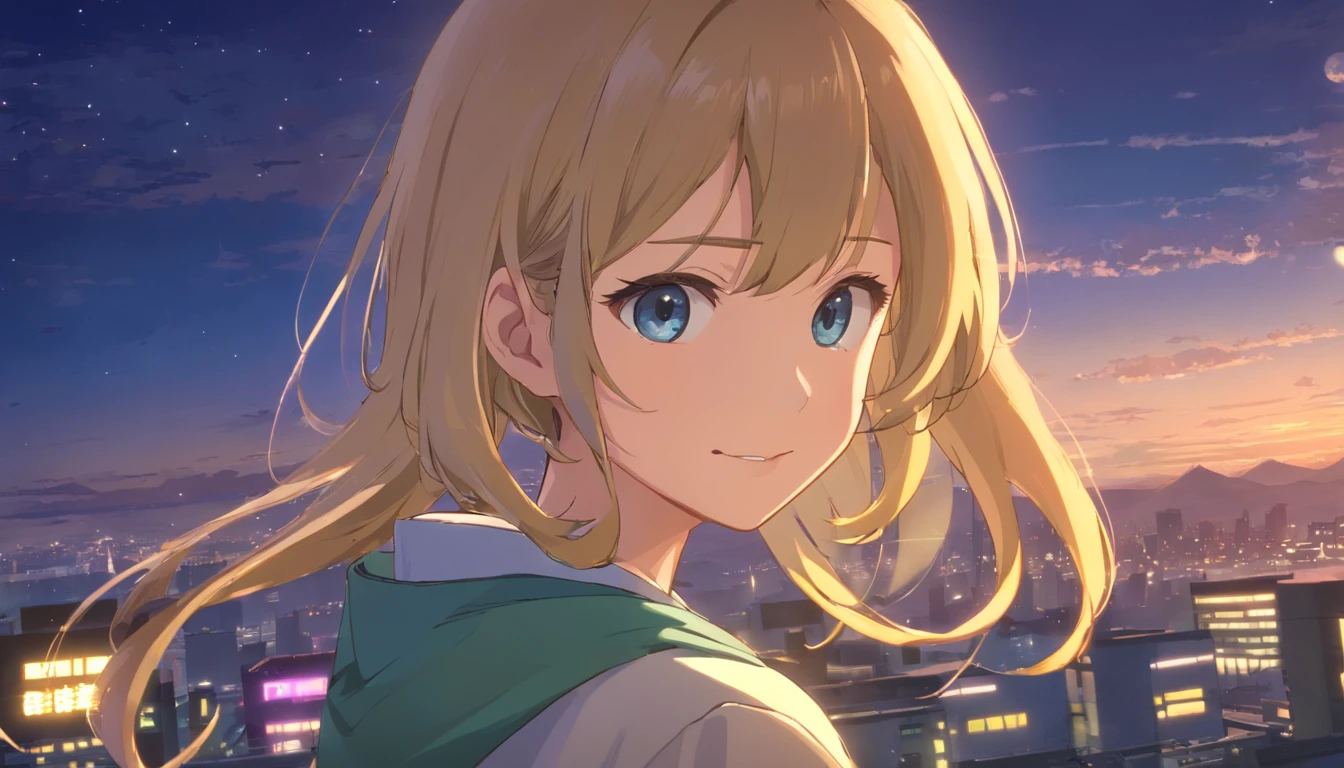 Best quality at best,tmasterpiece,The is very detailed,Face details,8K, detailed back ground,1girll,独奏,Blonde hair,eBlue eyes,,long whitr hair,wavey hair,voluminous hair,,,Blushlush,ssmile,Shawl,Chinese city,Chinese service,the night,themoon,scenecy,high place,horizon,ventania,wind blown,flowerbed,looking at viewert