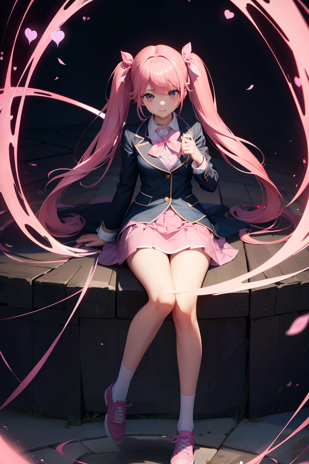 High school girl with beautiful eyes、High School Uniform、Dark blue blazer、Pink skirt、Pink ribbon、Heart-shaped choker、long hair with pink twin tails,,,,,,、Schools、独奏、gazing at viewer、school ground、lawn、general election、rainbows、optic、。.。.。.。.。.。.。.3D、hight resolution、top-quality、full body Esbian、8K Character Concept、32K、pixiv、illustratio、 ultra-detailliert、hyperdetailed face、Megapixel、 Ultra High Definition HDR、Clair、Overdecoration、● S180 - Rainbow 5