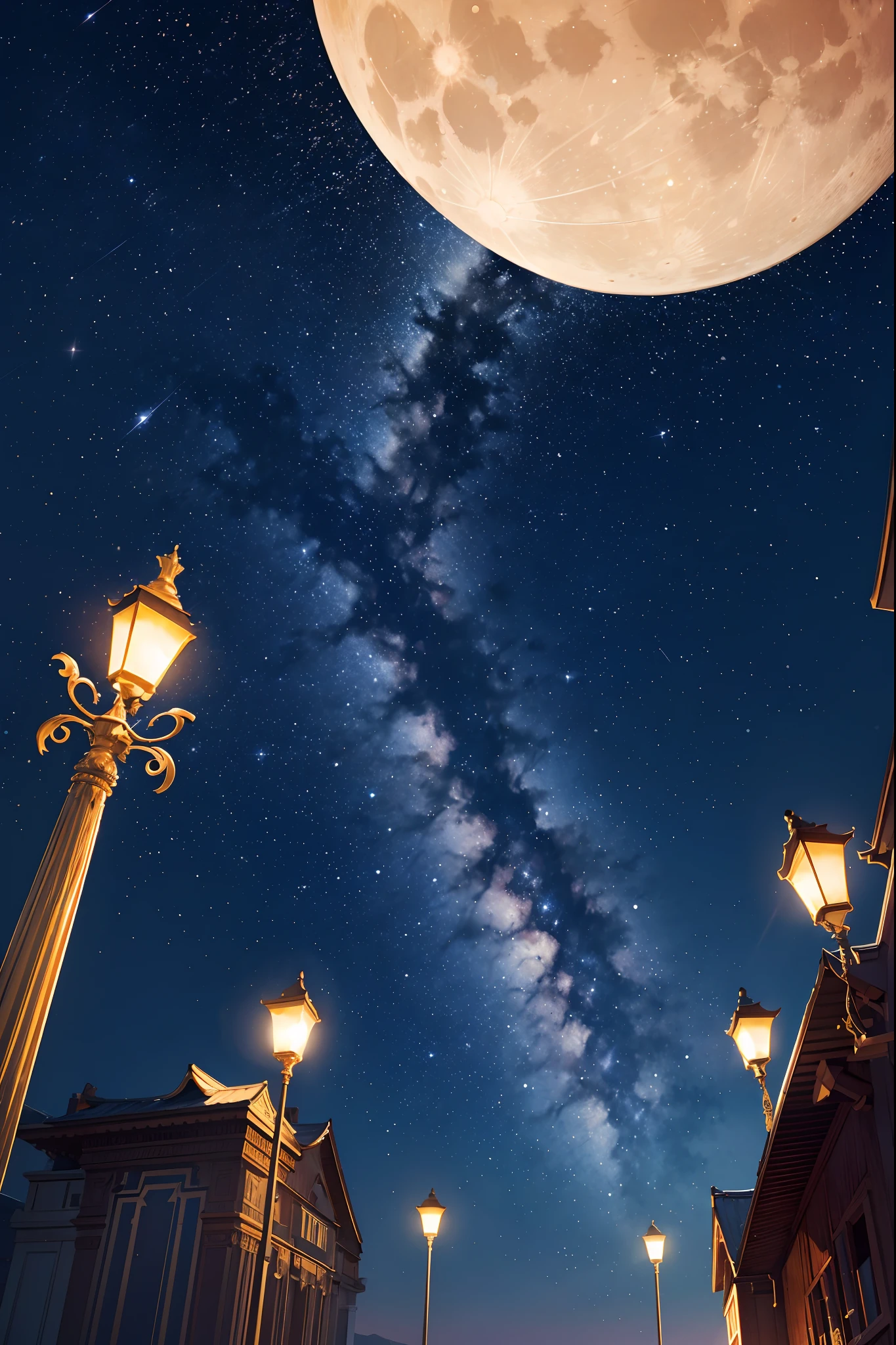 night sky scene, with golden stars in the sky and the moon, quality color, high resolution, high detail, 32k