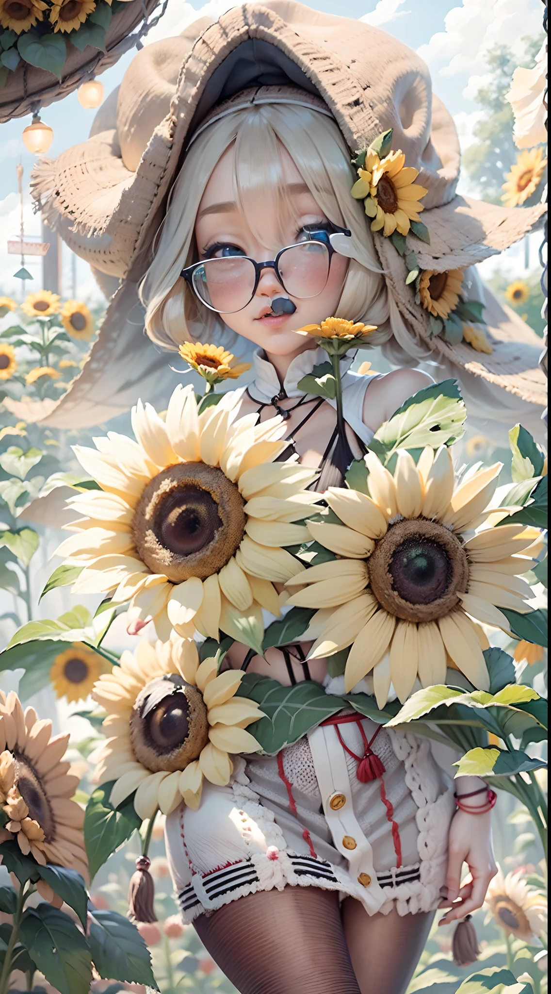 In a very grand scene,The extra-large wide-angle lens captures the appearance of a female centaur。She is a Sunflower Worship nun,Always opposed(Healing smiley face of knitted sunflower puppet😊:99.99)DOA。She is tall,It has the ultimate curvy beauty,The muscles are slender and firm,Beautiful lines。She has(Super huge sky blue eyes:99.99)、always(Wearing sexy glasses:6.66)、(She wears solemn nun attire:9.9)、Stepping on a boot-style skyscraper-heel、A pink cross hangs on his chest。Use Midjourney's advanced tools,Designed for female centaurs(A knitted sunflower puppet and create a super healing cartoon smiley face in the center of the flower tray as a decoration:9.9),and noble and solemn nun costumes,and highlight her unique physiological characteristics and appearance details,Add realism。And in the context of her prayers and listening to confessions,Spectacular views of nature,Such as the sky where storms and sunny days alternate、Brilliant rivers of stars and auroras、The snow-capped summit of Mount Everest、Fireworks in the mountain town, etc。ao mesmo tempo,Away from the hustle and bustle next to the chapel,Create a fantastic scene。Use Midjourney's advanced tools and multiple color palettes、Brush Strokes、Texture tools and model packages,It shows a sense of atmosphere where beauty and charm coexist。The charm of the female centaur is highlighted through color and lines,Enhance realism with detailing,Create a surreal dreamy feeling。Additionally,Use Midjourney's tools to add various exorcism props and books to the female centaur、pergaminhos,Create intricate hairstyles and outfits,Give her a sense of premium。She never flinches,No matter what monster you encounter,can respond quickly,Even the most extreme armies of natural disasters and monsters could not stop her and her front(Sunflower with Tyndall effect that emits sunlight9.99)。Use Midjourney's powerful tools,You can do it with incredible detail and beauty,Bring this ultra-grand and beautiful scene to life。Ultra-grand scenes,s