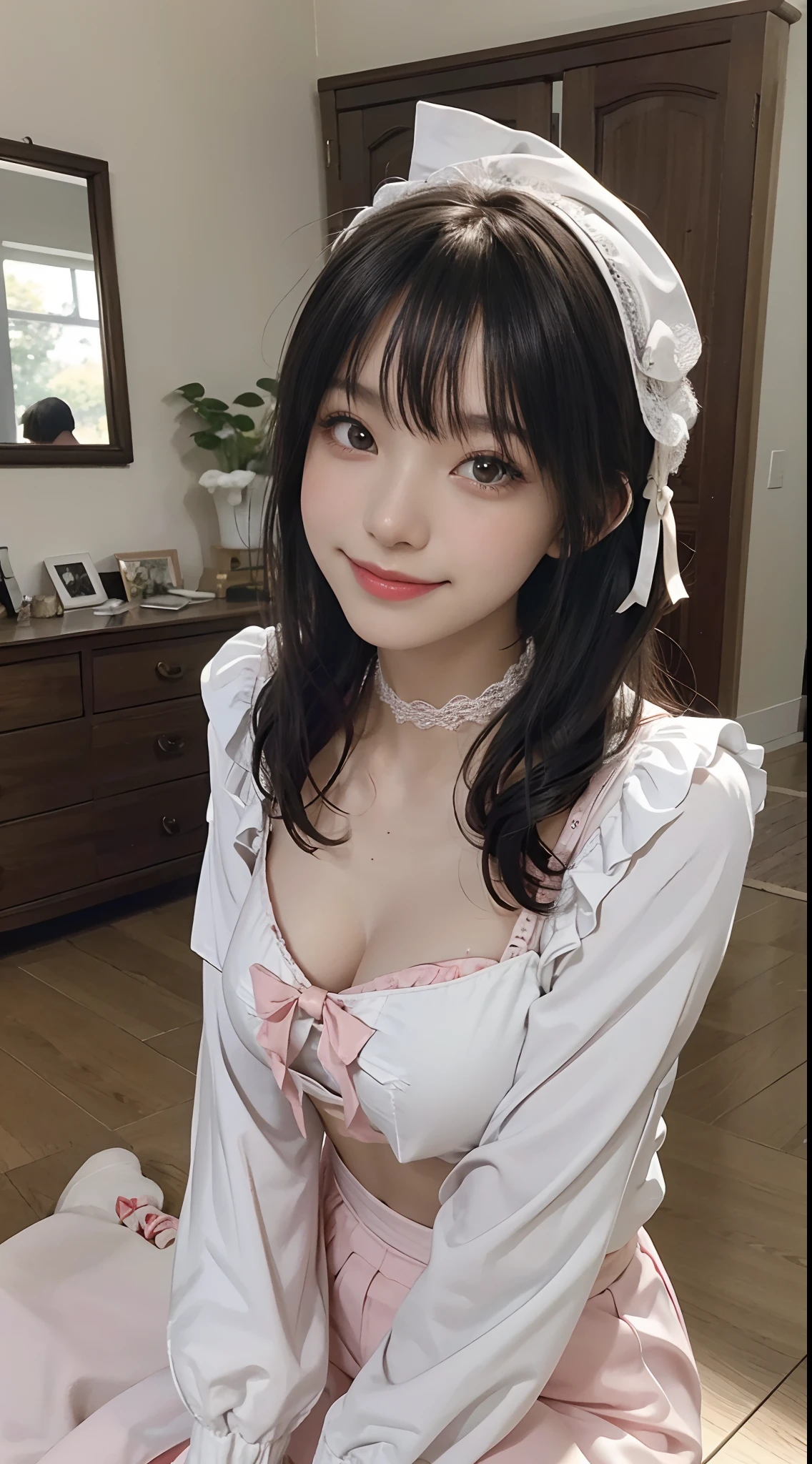 Girl,(Dressed in colorful Lolita),Smile and look at the camera,(Black hair),(with a good figure),with fair skin,Lovely super clear pictures,(Five fingers fine),Perfect hands,(Live-action photo)Shine,8K,Ultra-clear image quality,(Bare chest),(White teeth),(The smile is touching)