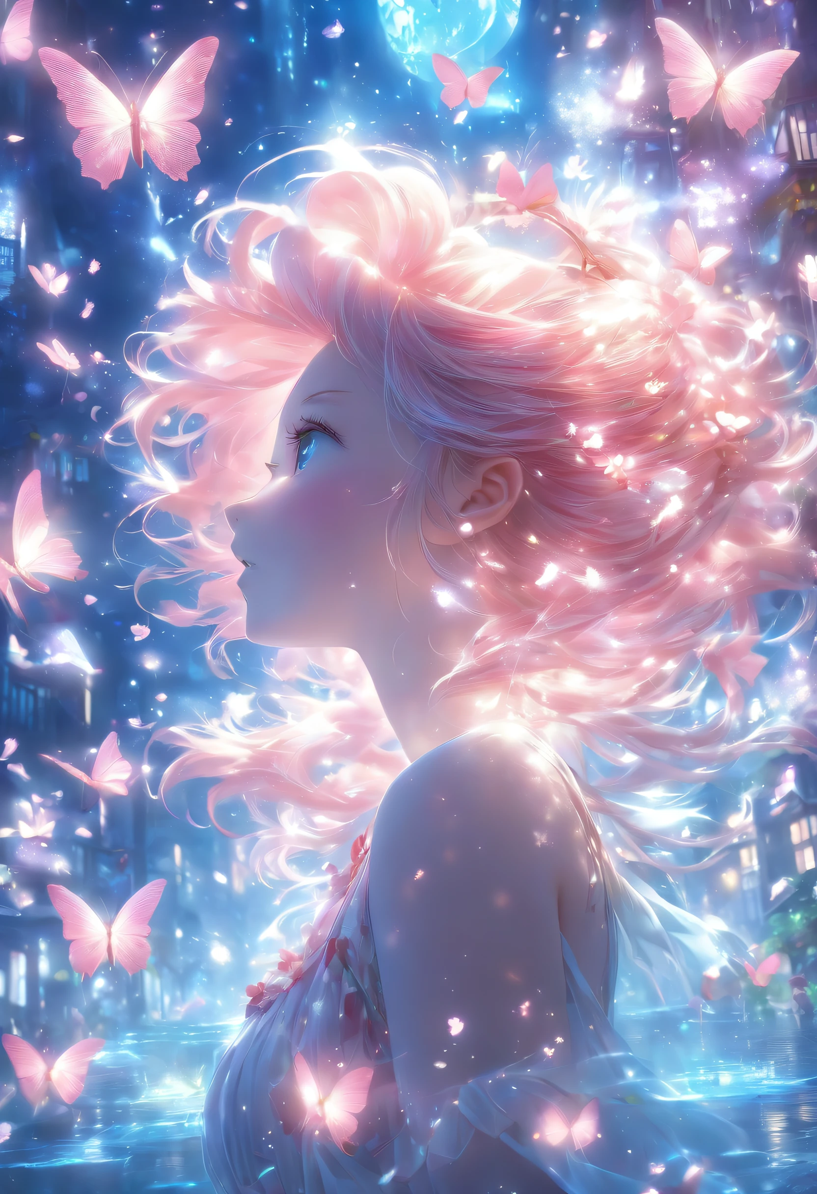 (CG Unit 8K Highly Detailed Wallpapers) (top-quality) (better lighting) (extremely delicate and beautiful) (floating) (Beautiful) (spring atmosphere) (1girl in) (long pink hair), (Headband hair), (Dense and beautiful blue eyes), ((Very short white dress, Pink Lace Bottom), (income), ((Light Transparent Silk))), (Cherry blossom petals), (butterflys), (degrees of freedom), (Volumetric Lights) Cinematic lighting, chromatic abberation, Sony FE GM, Textured Leather, high détails, Haute, 8K
