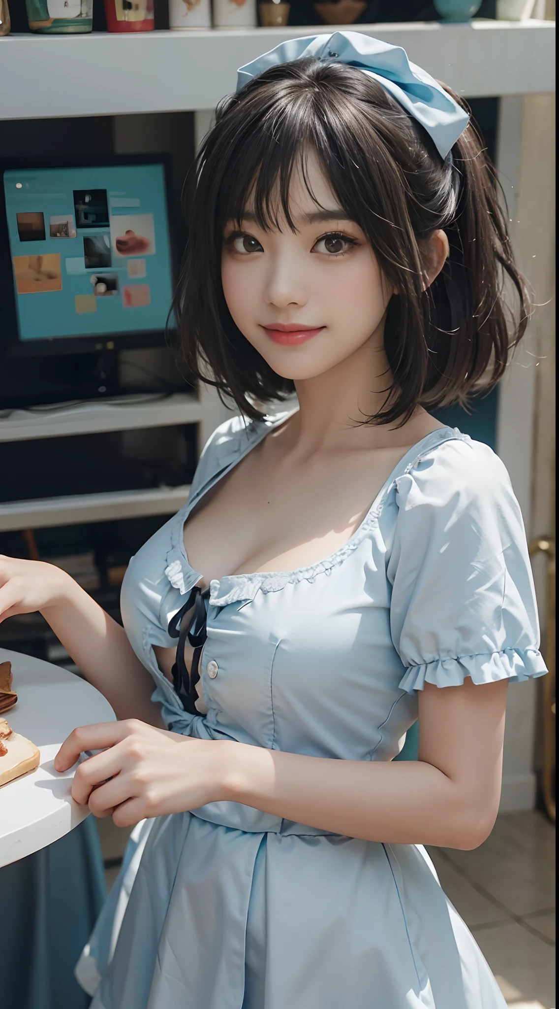 Girl，（Dressed in colorful Lolita），Smile and look at the camera，（Black hair），（with a good figure），with fair skin，Lovely super clear pictures，（Five fingers fine），Perfect hands，（Live-action photo）Shine，8K，Ultra-clear image quality，（Bare chest），（White teeth），（The smile is touching）