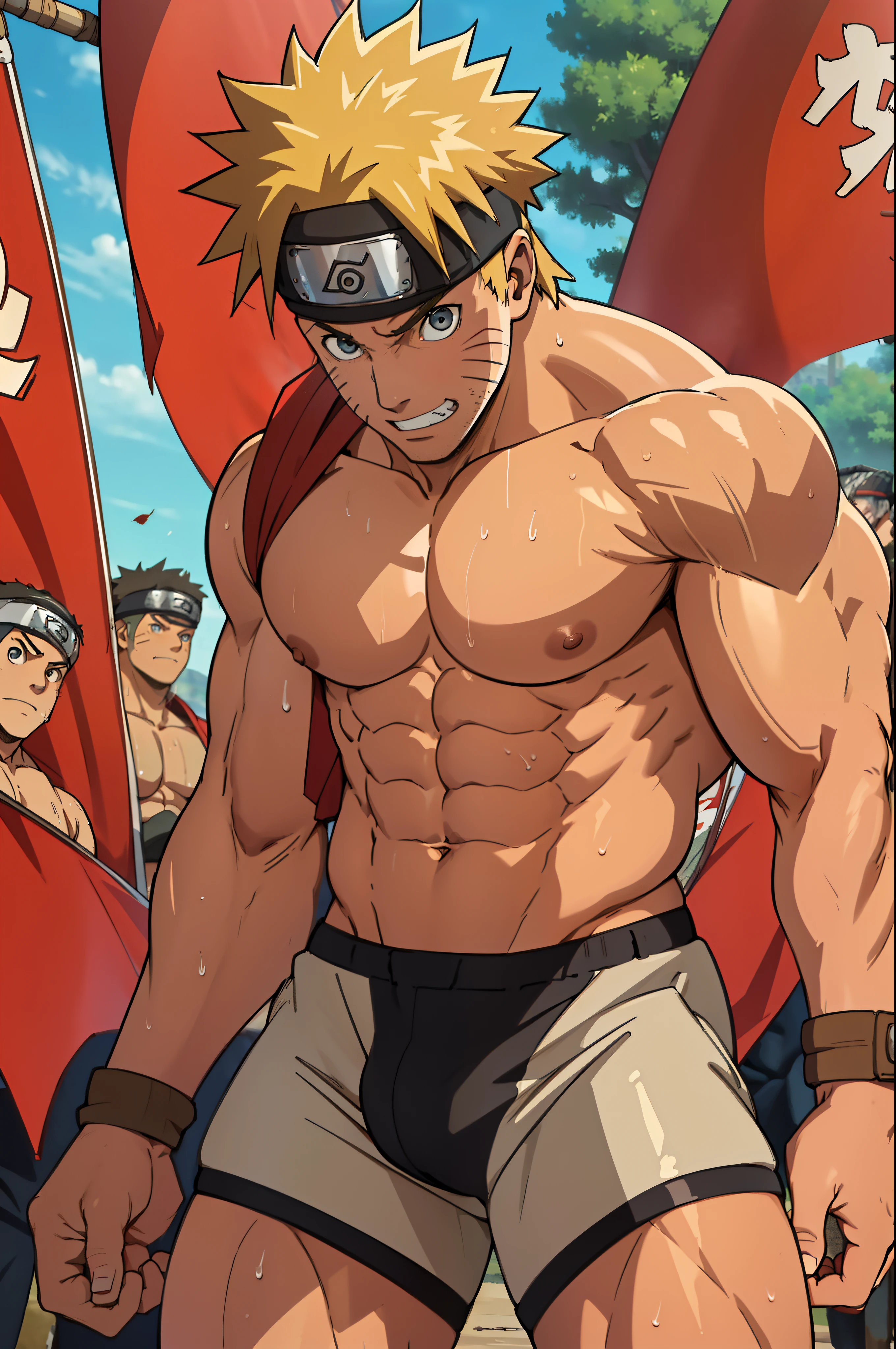 (photo subject: Close-up of muscular thigh muscles ) (photo angle from bottom up)(Drawings of Naruto anime) (photo angle from the ground upwards) [Anime photo][highest quality photo][4k,HD photo quality] ( wearing tight triangle underwear ) (muscular thigh muscles, firm thigh muscles, muscular thigh muscles, sinewy thigh muscles, giant thigh muscles, strong leg muscles, muscular hamstring leg muscles) ,Uzumaki Naruto fun, happy,bodybuilder,bodybuilding, standing, red skin,reddish brown skin, lots of sweat flowing down, topless, shirtless, hot sunny, (do not wear banners,do not wear headbands)