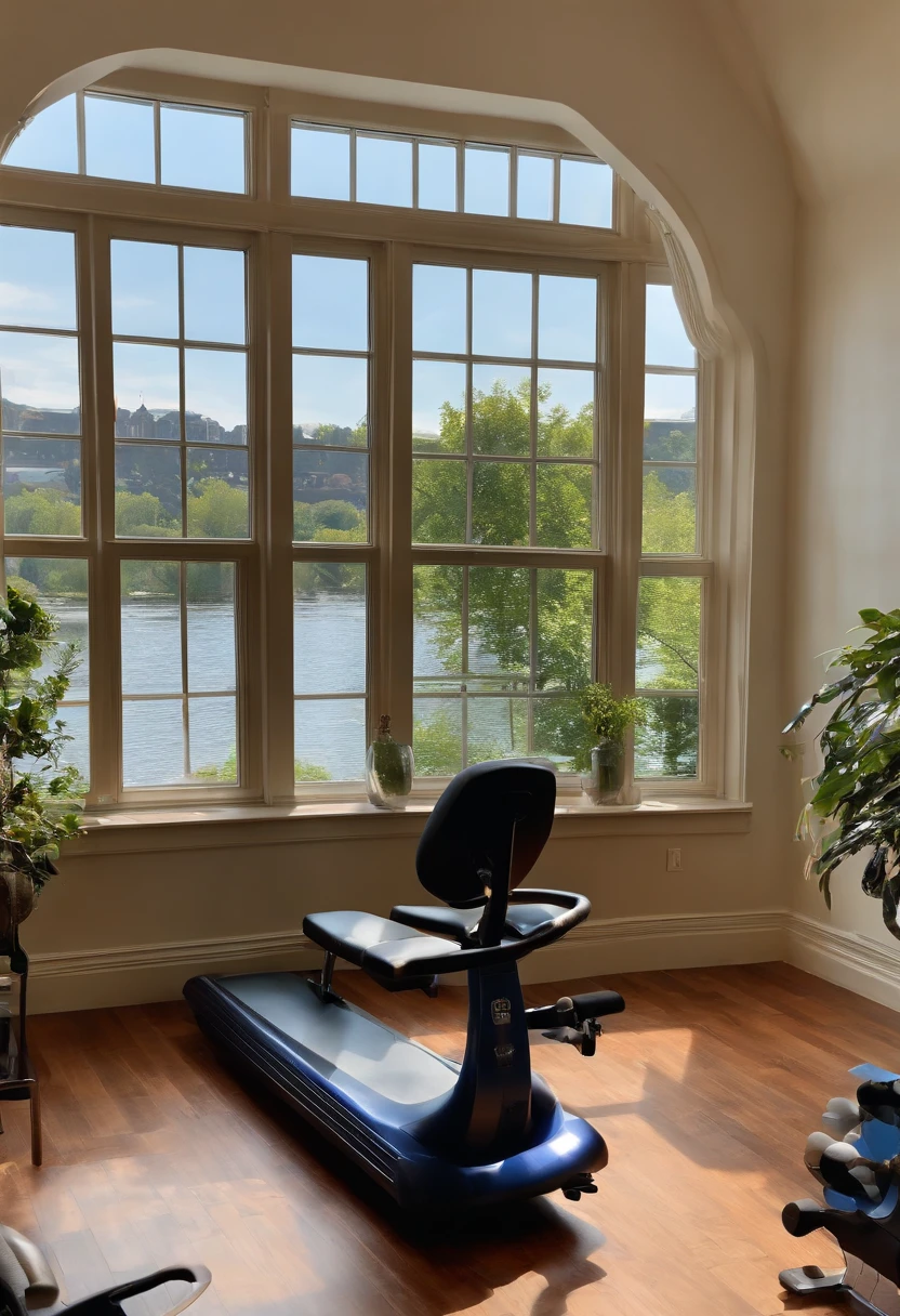 Elegant space,Bright,European style wainscoting,A combination of Pilates space and fitness space,River view from the window