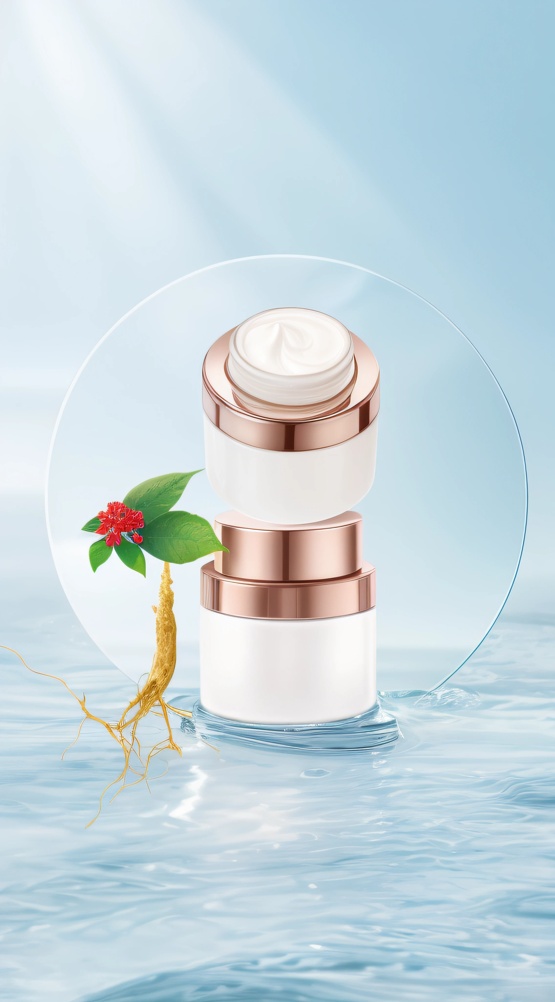 There was a bottle of cream,A plant grows inside, pristine skin, SleekDesign, Smooth porcelain skin, exquisitedetails, Skincare, skin care, bubbling skin, high quality topical render, Close portrait, beauty shot, Radiant skin, crisp smooth lines, crisp smooth clean lines, smooth vibrancy, immaculate complexion, textured base ; product image, jia