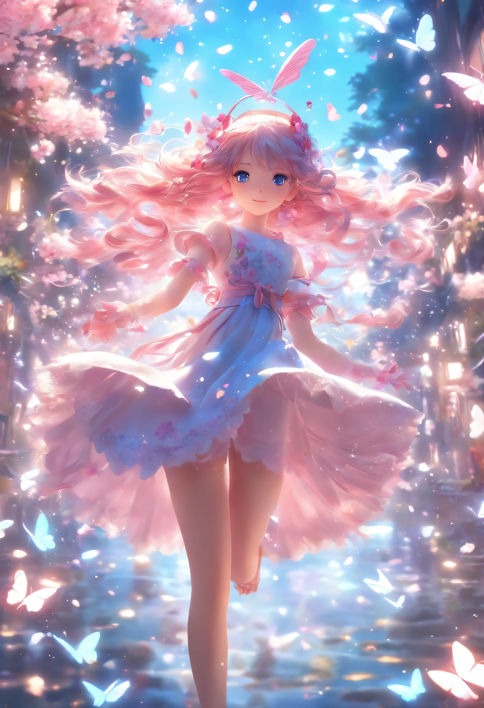 (CG Unit 8K Highly Detailed Wallpapers) (top-quality) (better lighting) (extremely delicate and beautiful) (floating) (Beautiful) (spring atmosphere) (1girl in) (long pink hair), (Headband hair), (Dense and beautiful blue eyes), ((Very short white dress, Pink Lace Bottom), (income), ((Light Transparent Silk))), (Cherry blossom petals), (butterflys), (degrees of freedom), (Volumetric Lights) Cinematic lighting, chromatic abberation, Sony FE GM, Textured Leather, high détails, Haute, 8K