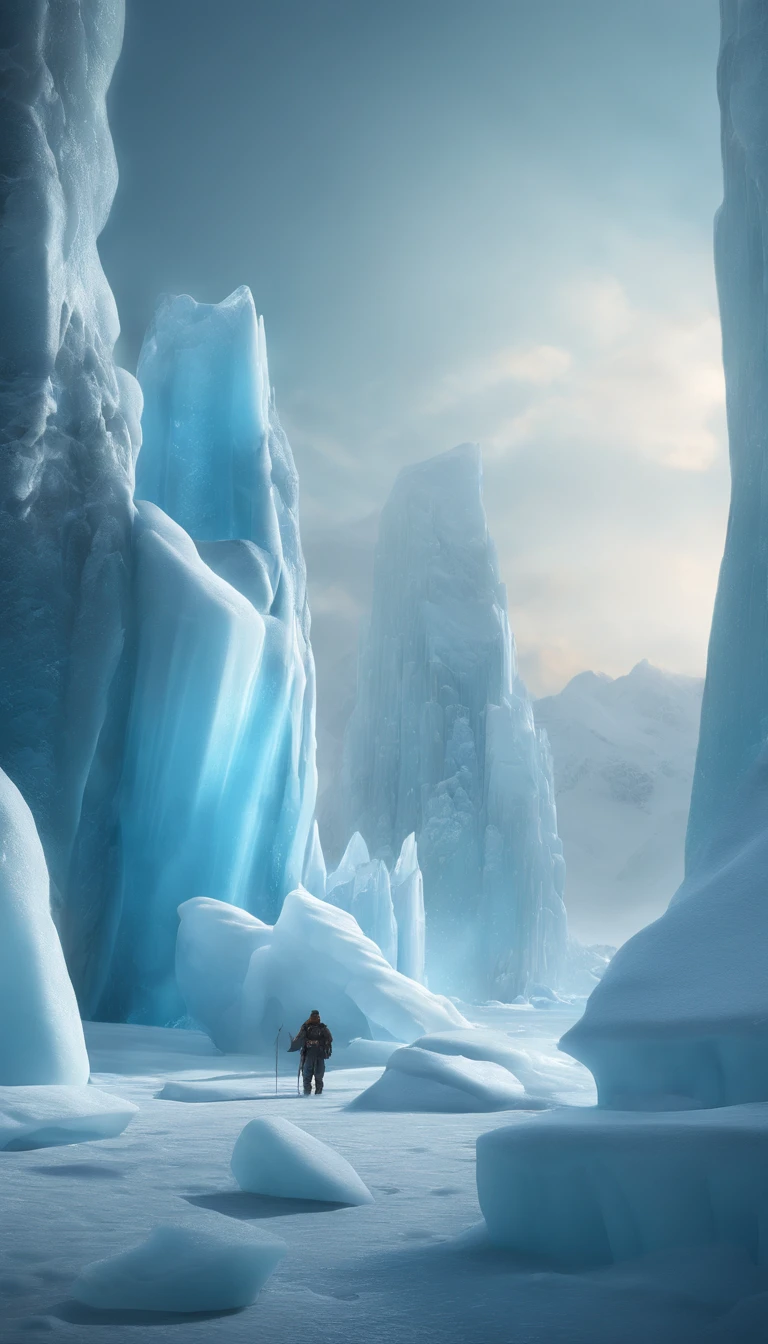 concept art inspired by Johfra Bosschart, Trend of CGsociety, Digital art, closeup cinematic aquatic scene, pillars of ice background, 3 d render and matte painting, luminescent matte painting, organic matte painting, Icebergs, surreal frozen landscape, icey tundra background, animated still