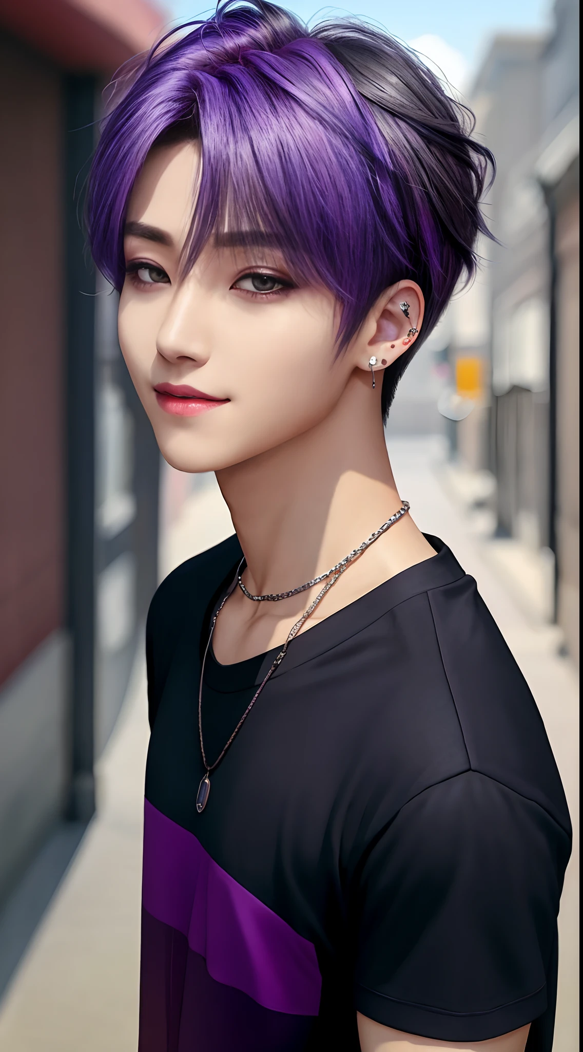 Englandtown, Professional Photos, Photographed so that the whole body can be seen, Fedoman with necklace, inspired by Sim Sa-jeong, androgynous vampire, :9 detailed face: 8, extra detailed face, detailed punk hair, ((Gray)) baggy eyes, Seductive. Highly detailed, semi realistic anime, Vampires, hyperrealistic teen, delicate androgynous prince, imvu, Bright purple hair, Gray eyes, Cool Korean fashion in black short sleeve t-shirt, Hiding both eyes with bangs, I can't see both eyes with bangs, Long bangs, short hair above the ears, Glaring expression, Wild look, Grinning expression, looking distantly, high-level image quality, masterpiece,