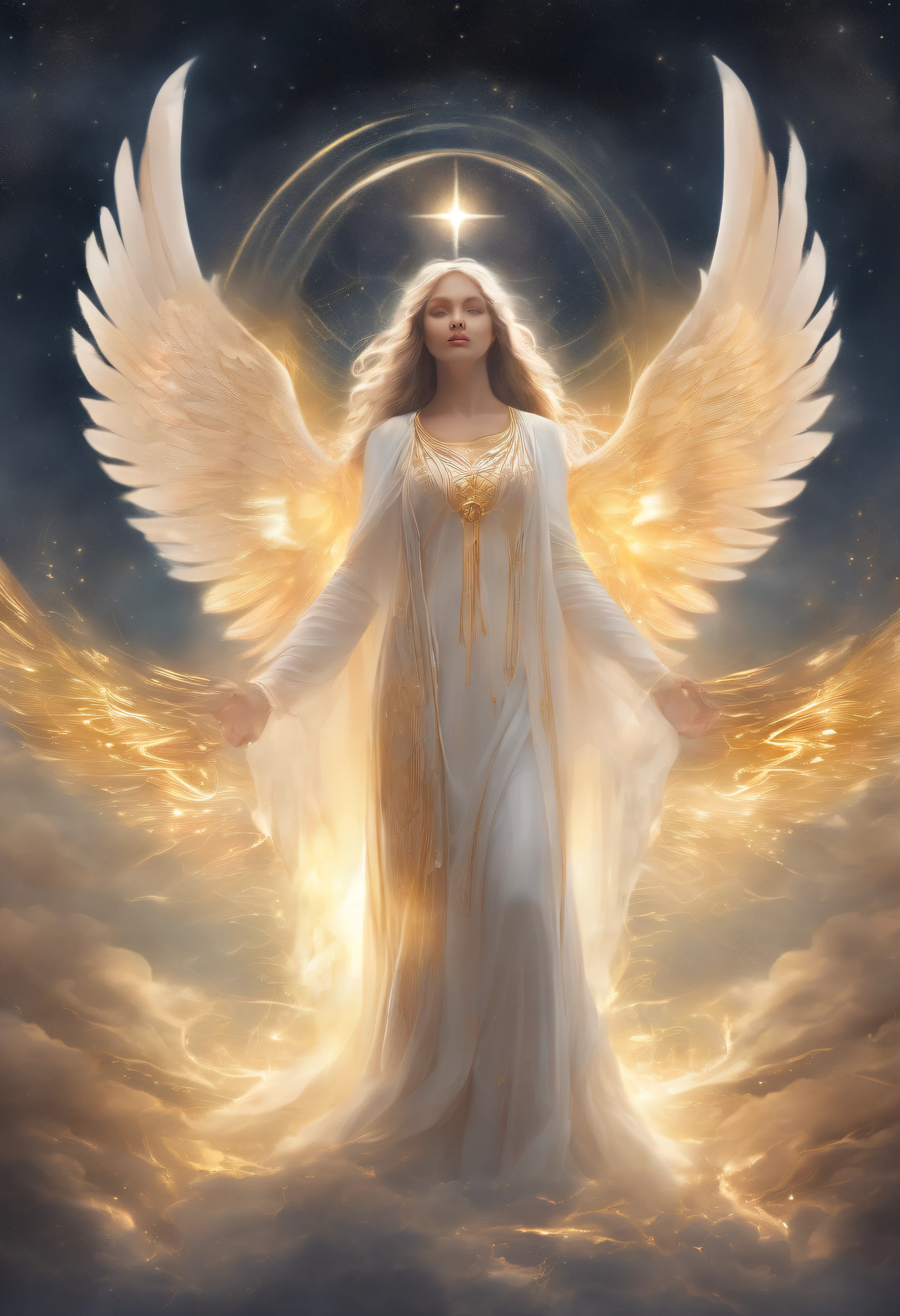 photorealistic, (hyperrealistic:1.2), beautiful, masterpiece, best quality, extremely detailed face, perfect lighting, nice hands, perfect hands, A divine and radiant angel in celestial splendor, (heavenly presence:1.2), (serene expression), (majestic wings), (ethereal glow:1.1), (peaceful and comforting), (transcendent beauty), (divine grace), (symbol of purity), (golden halo), (uplifting atmosphere), (celestial realm), (spiritual enlightenment), (gentle and protective), (illuminating light:1.2), (seraphic figure), (harmony and serenity), (angelic robes), (timeless and celestial), (captivating aura), (healing and guidance)