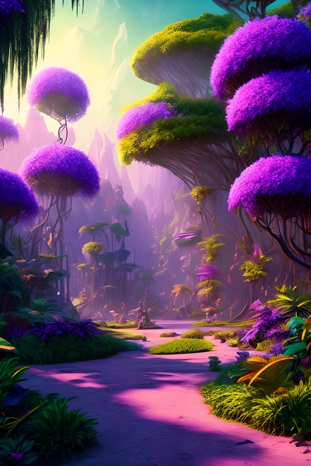 Fantasy Jungle, Wide Shot, Many elves, All purple plants