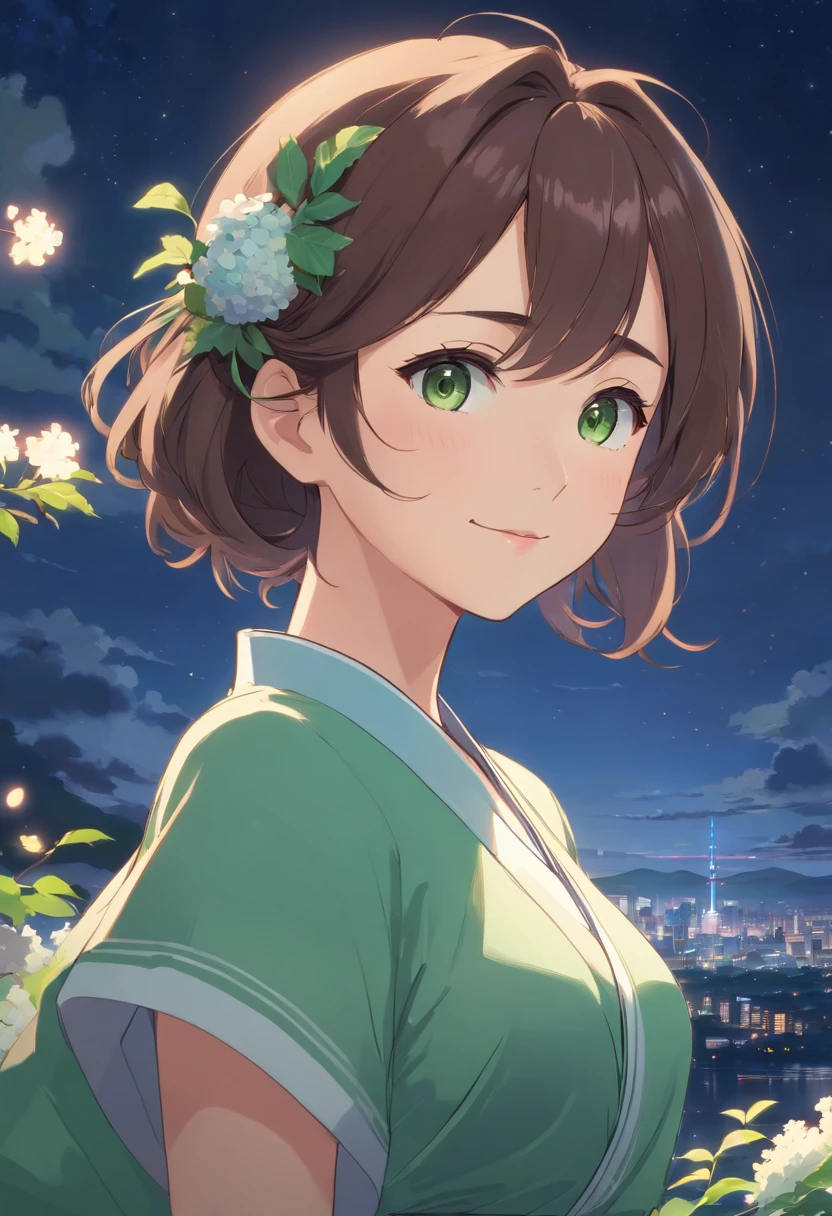 Masterpiece, Best, Night, full moon, 1 female, Mature woman, Chinese style, Ancient China, sister, Royal Sister, Smile, Dark brown hair, Dark hair, Princess cut, Braid, Curly hair, Double ball head, Pale pink lips, calm, Intellectual, Medium hair, Green pupils, Hairpin, hydrangea, Delicate face, facial closeups, Close-up of the hand