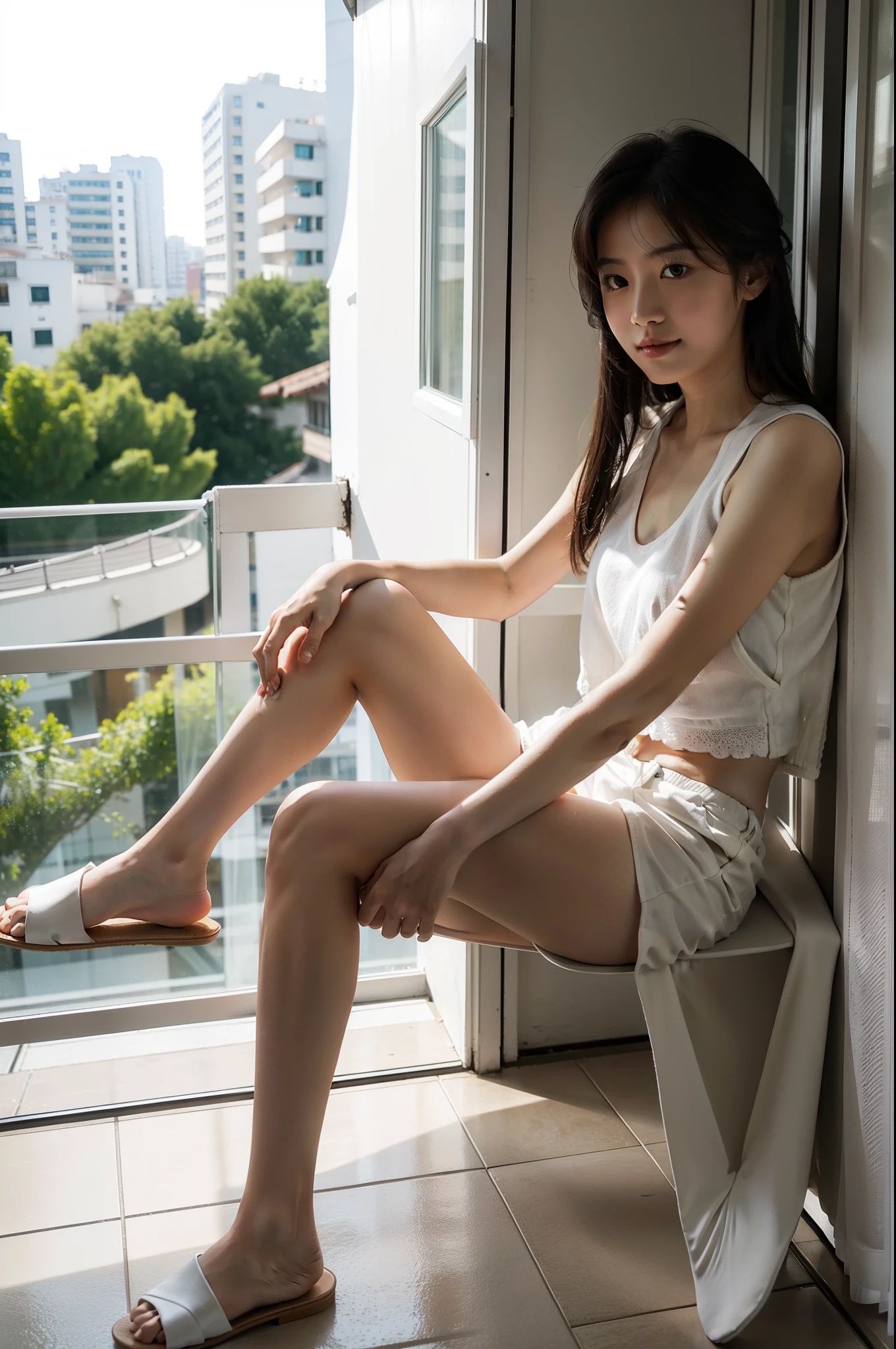 shoun,White vest,white panties,Sitting at the balcony window,flipflops