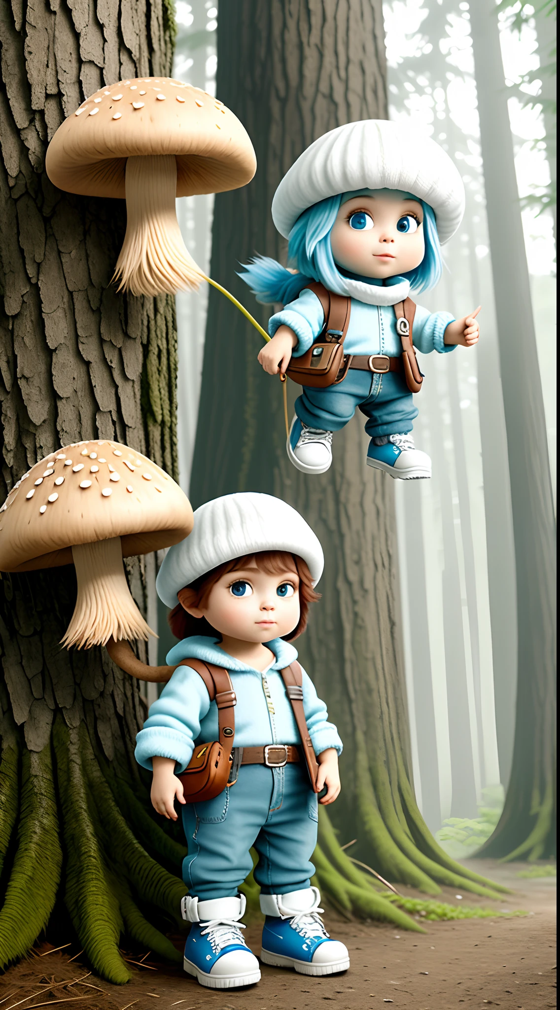 criatura fofa bb Smurf, Pelo branco, alto detalhamento, 8k, wearing white mushroom hat, usando botas brancas, Mochila azul, floresta