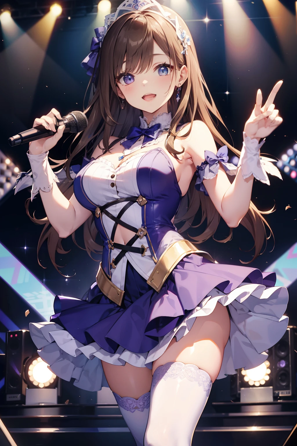 top-quality、Full limbs、complete fingers、Slender beauty、straight haired、Brown hair、Deleste、Blue and white and purple idol costume、high socks、Beautiful Large Breasts、Live Stage、Singing、Dancing