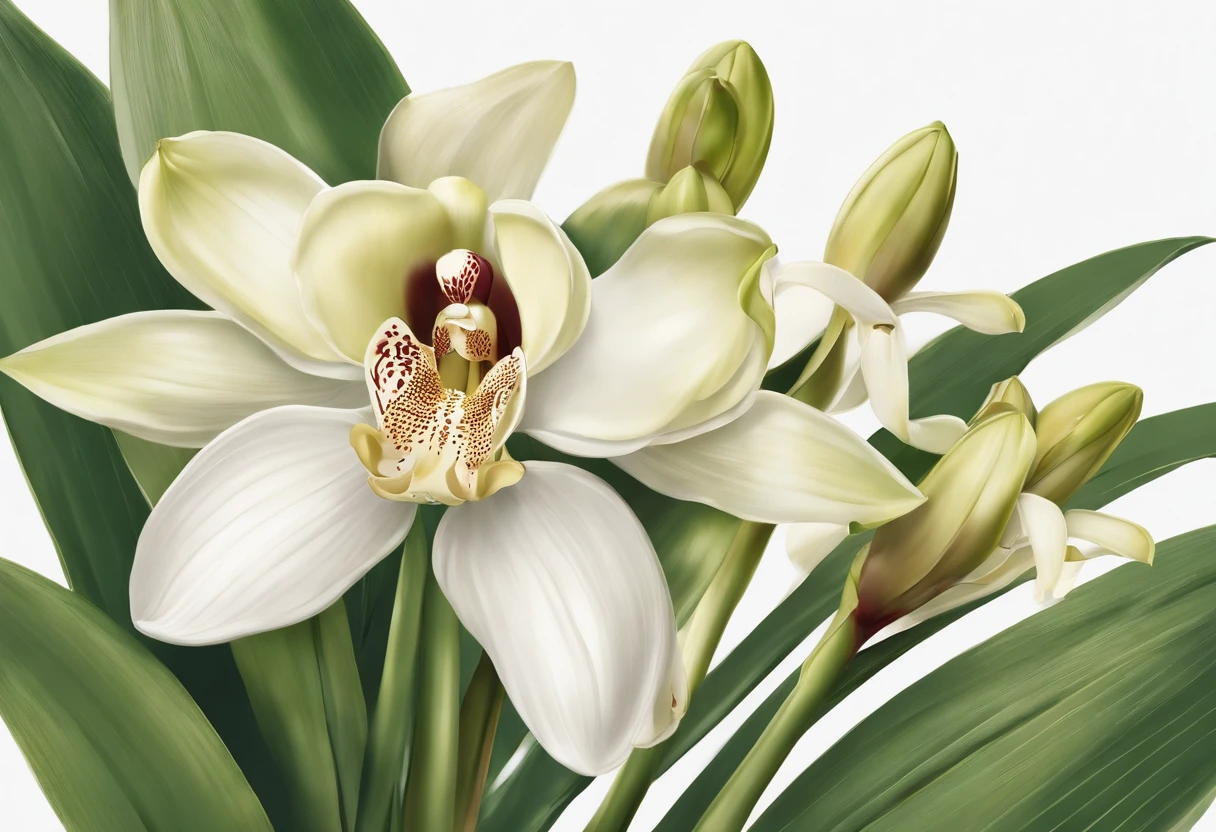 A bunch of cymbidium plant illustrations display vibrant colors with lots of stunning have lush, tender green stems and leaves. These images exhibit a sense of exuberance and vigor. Professionally designed pure white backgrounds make them effortless to key and integrate into a variety of design projects. Produced exclusively for 8K HD packaging design materials, each illustration is rich in detail, offering captivating close-ups that highlight the intricate beauty of this plant.