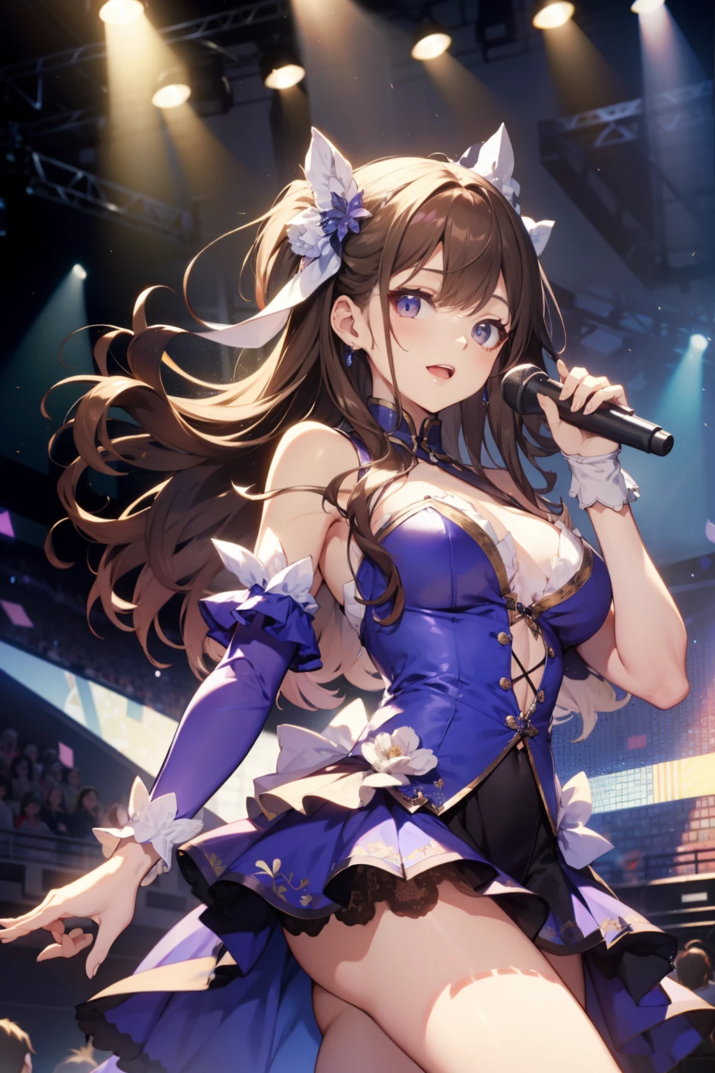 top-quality、Full limbs、complete fingers、Slender beauty、straight haired、Brown hair、Deleste、Blue and white and purple idol costume、high socks、Beautiful Large Breasts、Live Stage、Singing、Dancing