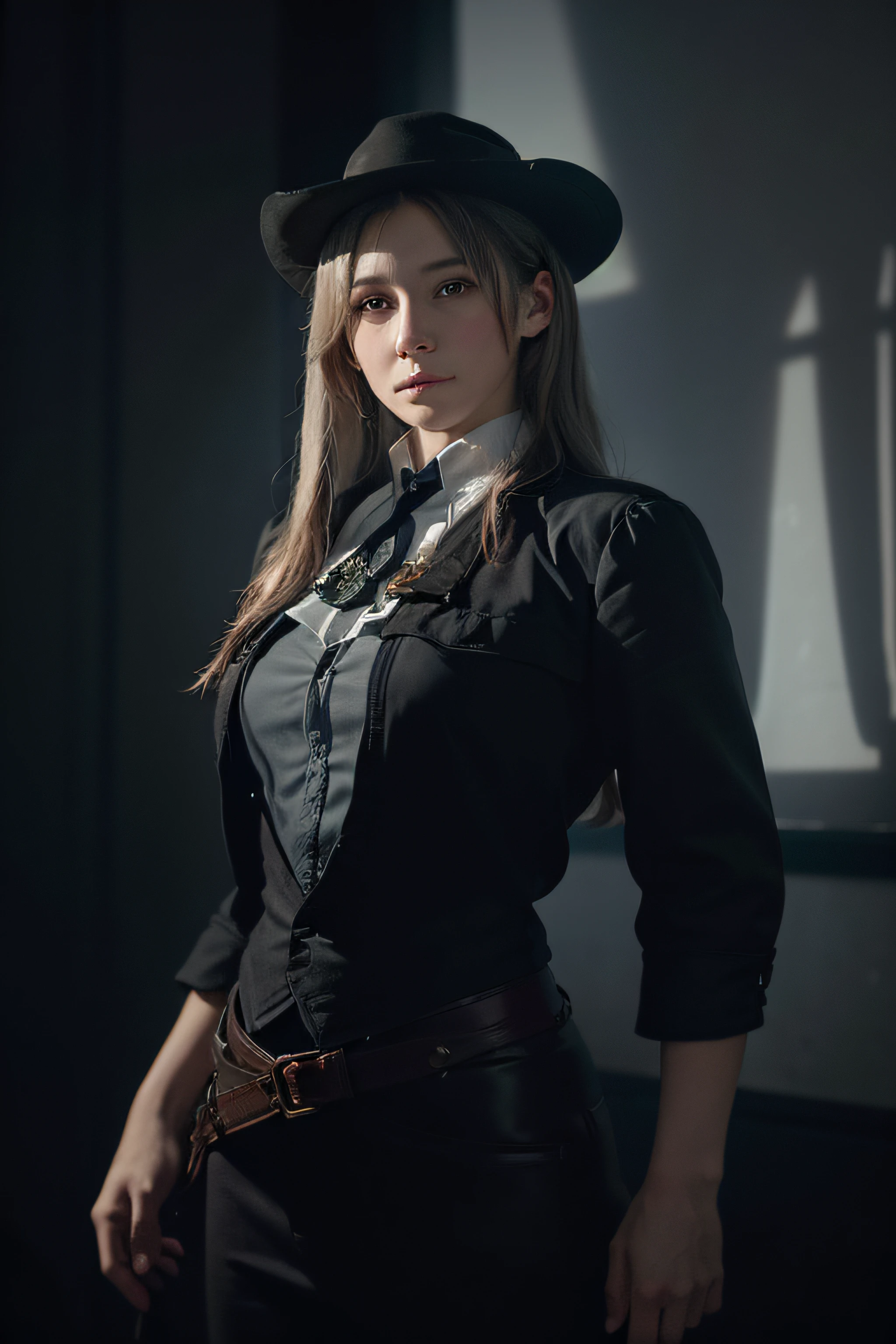 (front focus), (in the dark:1.6), Hyperrealist portrait of female by david hockney and alphonse mucha, fantasy art, photo realistic, dynamic lighting, artstation, poster, volumetric lighting, very detailed faces, 4 k, award winning, 1girl, in the dark, deep shadow, low key, cowboy shot, (official clothing:1.4), long hair, white hair