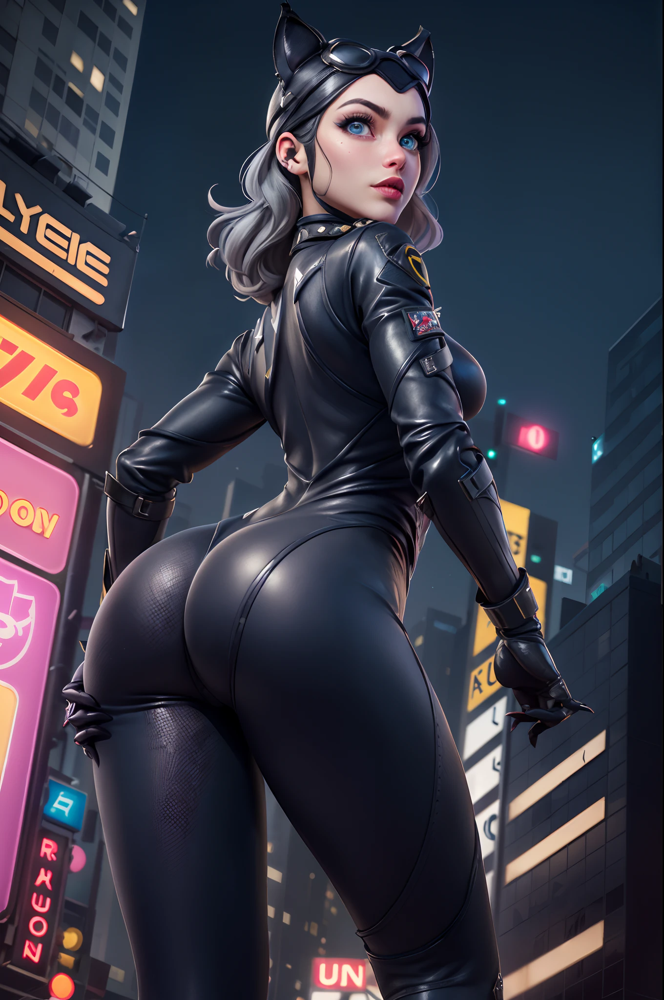 (​masterpiece、4K resolution、A hyper-realistic、ighly detailed、Turn your back), (Black Superheroes theme、Charisma、There is a girl in a Catwoman costume above the town、with his back turned。She's a superhero)、 [((25-years old)、(Long grey hair:1.2)、full body Esbian、(blue eyess:1.2))、((Sandy urban environment):0.8)|(A city scape、natta、Dinamic Light)]#illustrate:Prompts are mainly ultra high definition、very real、Describes highly detailed 4K paintings。A superheroine in a Catwoman costume is depicted at the top of the city。((Ultra-wide-angle lens shooting)), ((Shot looking up from below:1.3)), (((Neon light))),