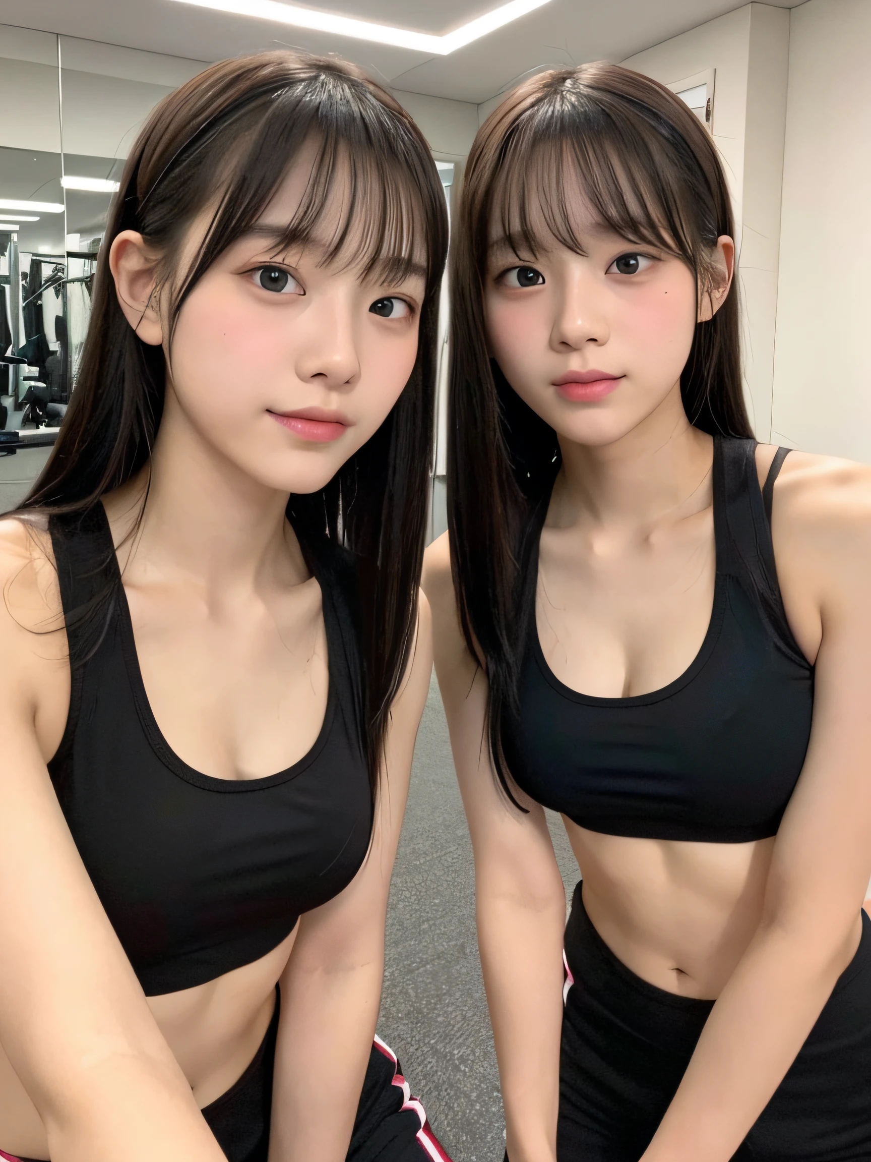 a beauty girl、Identical twin sisters、sixteen years old、bangss、working out