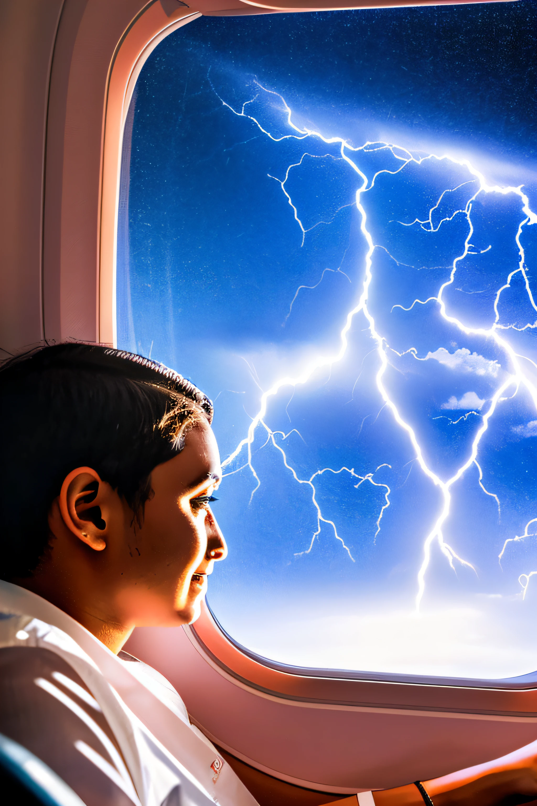 a passenger sitting at window seat, in airplane, lightning appearing outside window, clear face