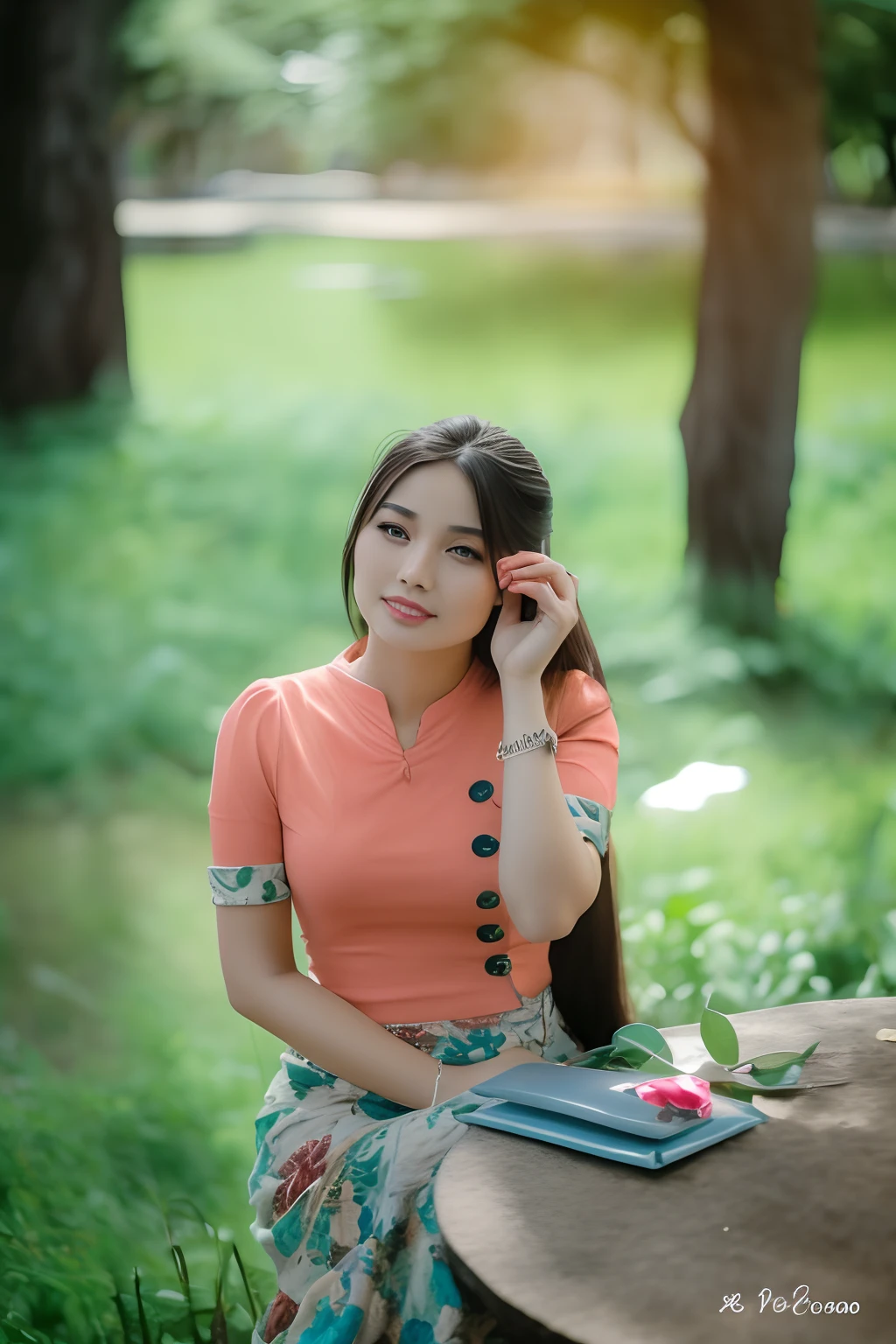 there is a woman sitting on a bench talking on a cell phone, a young asian woman, vietnamese woman, an asian woman, young asian woman, young asian girl, asian girl with long hair, asian woman, a cute young woman, chinese girl, asian girl, in style of lam manh, chinese woman, korean woman, portrait shot, photo of a woman