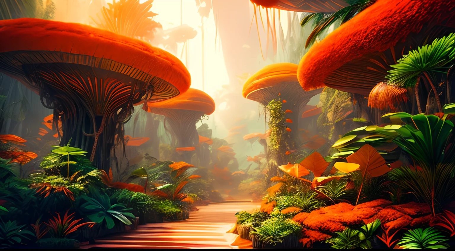 Fantasy Jungle, Wide Shot, Many elves, All orange plants