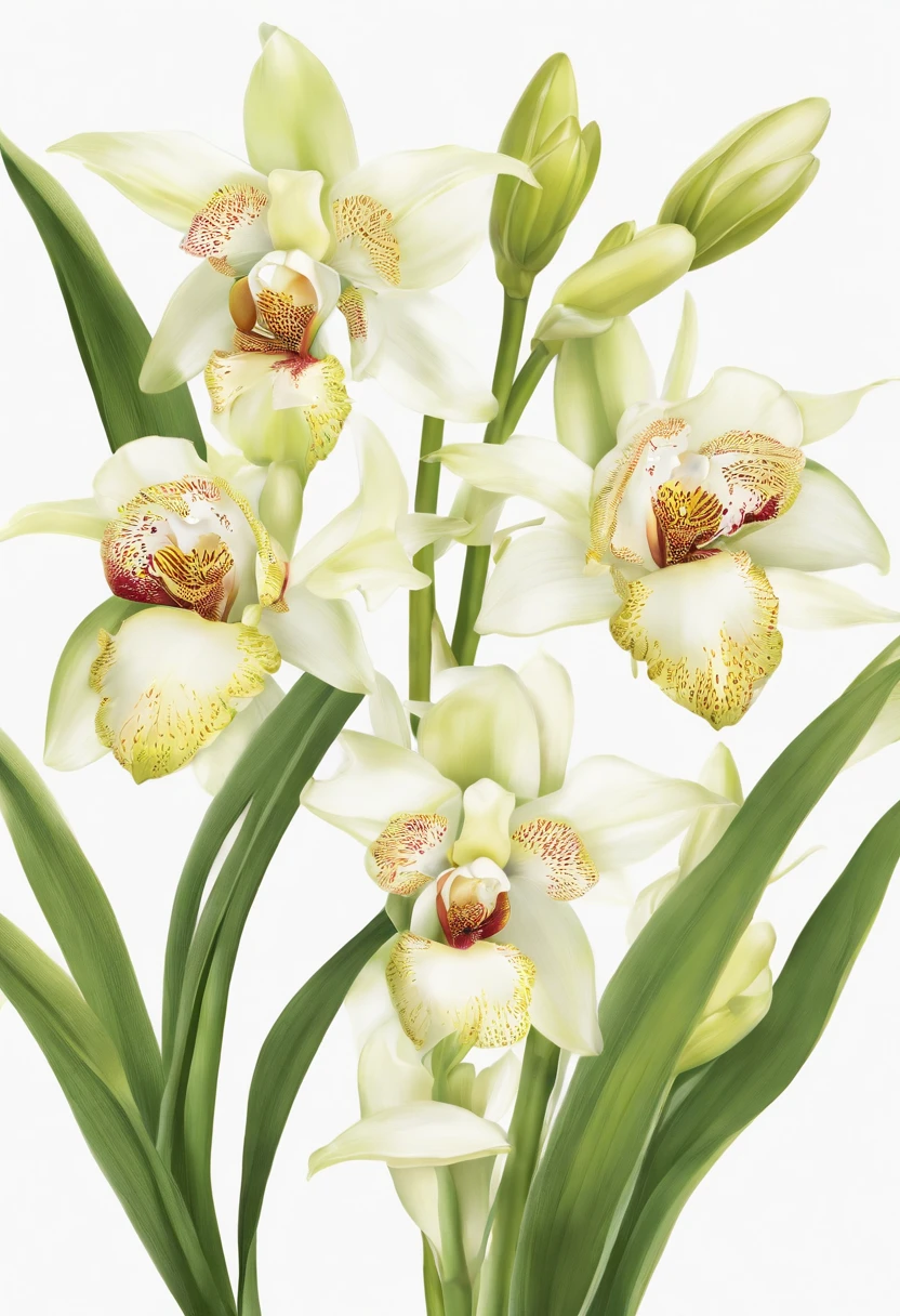 A bunch of cymbidium plant illustrations display vibrant colors with lots of stunning have lush, tender green stems and leaves. These images exhibit a sense of exuberance and vigor. Professionally designed pure white backgrounds make them effortless to key and integrate into a variety of design projects. Produced exclusively for 8K HD packaging design materials, each illustration is rich in detail, offering captivating close-ups that highlight the intricate beauty of this plant.