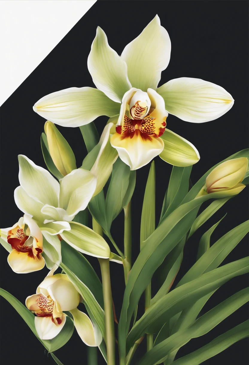 A bunch of cymbidium plant illustrations display vibrant colors with lots of stunning have lush, tender green stems and leaves. These images exhibit a sense of exuberance and vigor. Professionally designed pure white backgrounds make them effortless to key and integrate into a variety of design projects. Produced exclusively for 8K HD packaging design materials, each illustration is rich in detail, offering captivating close-ups that highlight the intricate beauty of this plant.
