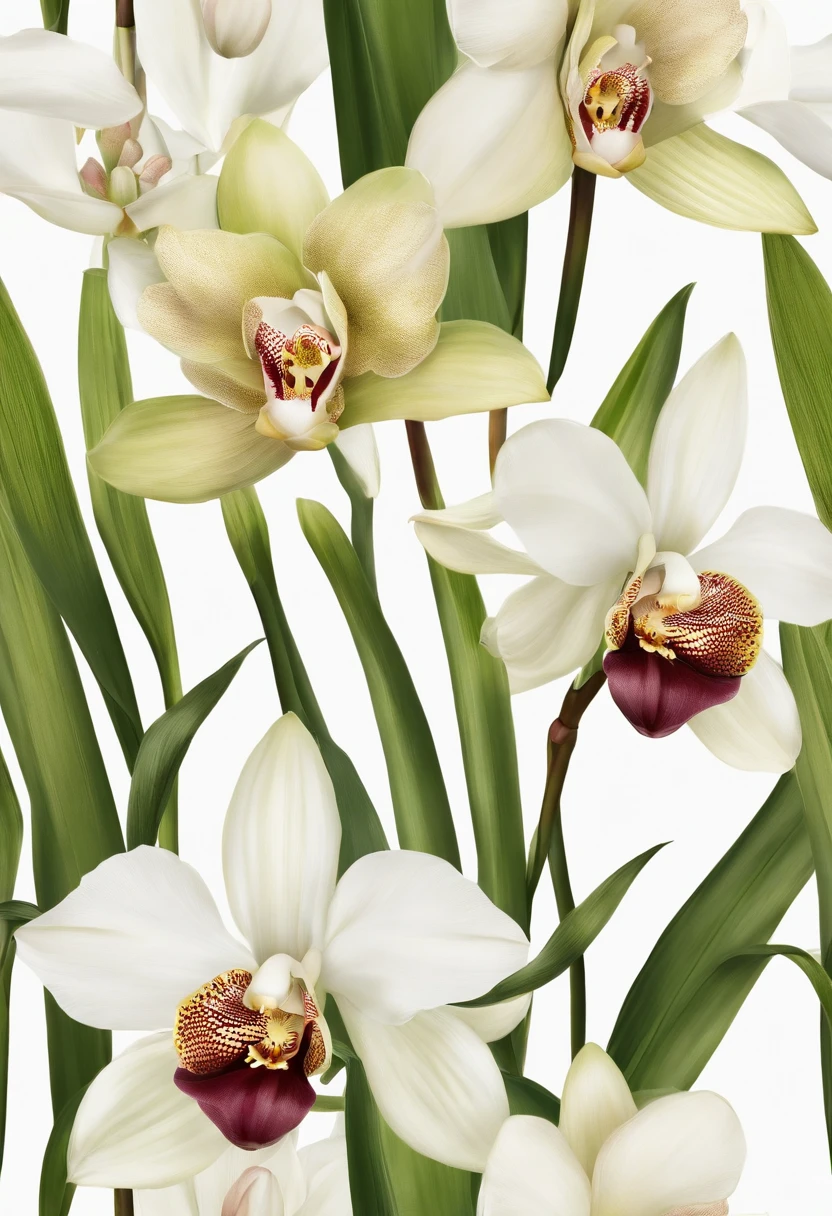 A bunch of cymbidium plant illustrations display vibrant colors with lots of stunning have lush, tender green stems and leaves. These images exhibit a sense of exuberance and vigor. Professionally designed pure white backgrounds make them effortless to key and integrate into a variety of design projects. Produced exclusively for 8K HD packaging design materials, each illustration is rich in detail, offering captivating close-ups that highlight the intricate beauty of this plant.
