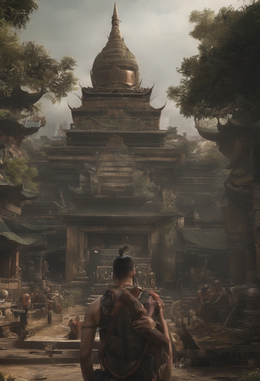 （The upper body of a giant tall Buddha statue in the distance：1.5，），（race
Bopunk city background：1.2），（真实感：1.4），（best qualtiy：1.0），（Super high ratings：1.0），8K， RAW photos，（tmasterpiece：0.2），ultra - detailed，(Pilgrims on the road：0.8)