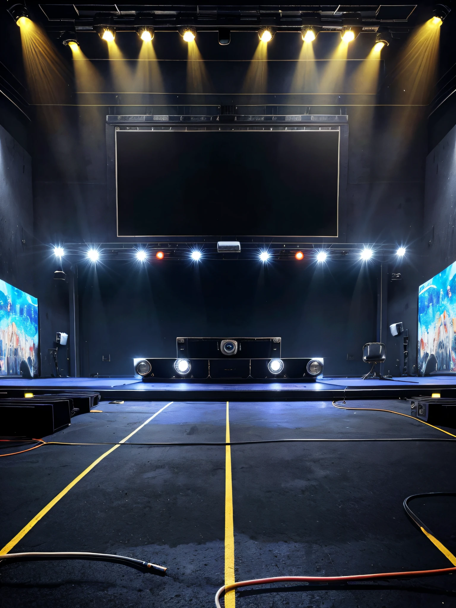 palco, programa, Luzes, smoke rising, tela grande em segundo plano, stone floor, Next and big, Cables and wires on the floor, high resolution, FullHD, cores brilhantes e vibrantes